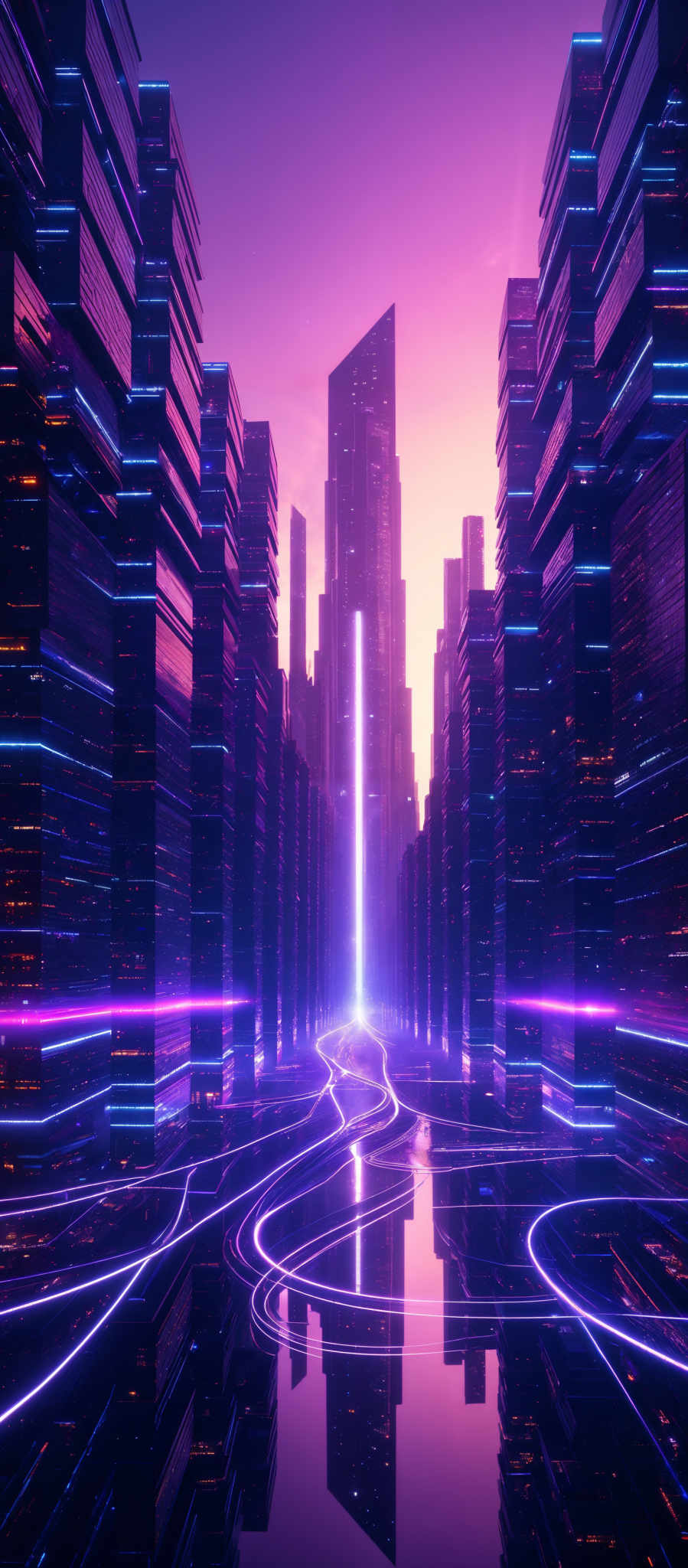 The image showcases a futuristic cityscape during what appears to be dusk or dawn. The dominant colors are shades of purple, pink, and blue. The city is characterized by tall, sleek skyscrapers with reflective surfaces. These buildings are densely packed, giving the impression of a bustling metropolis. The skyline is punctuated by a bright vertical beam of light, possibly representing a central tower or a significant landmark. The ground is mirrored, reflecting the buildings and the light, adding to the surreal and dreamlike quality of the scene.