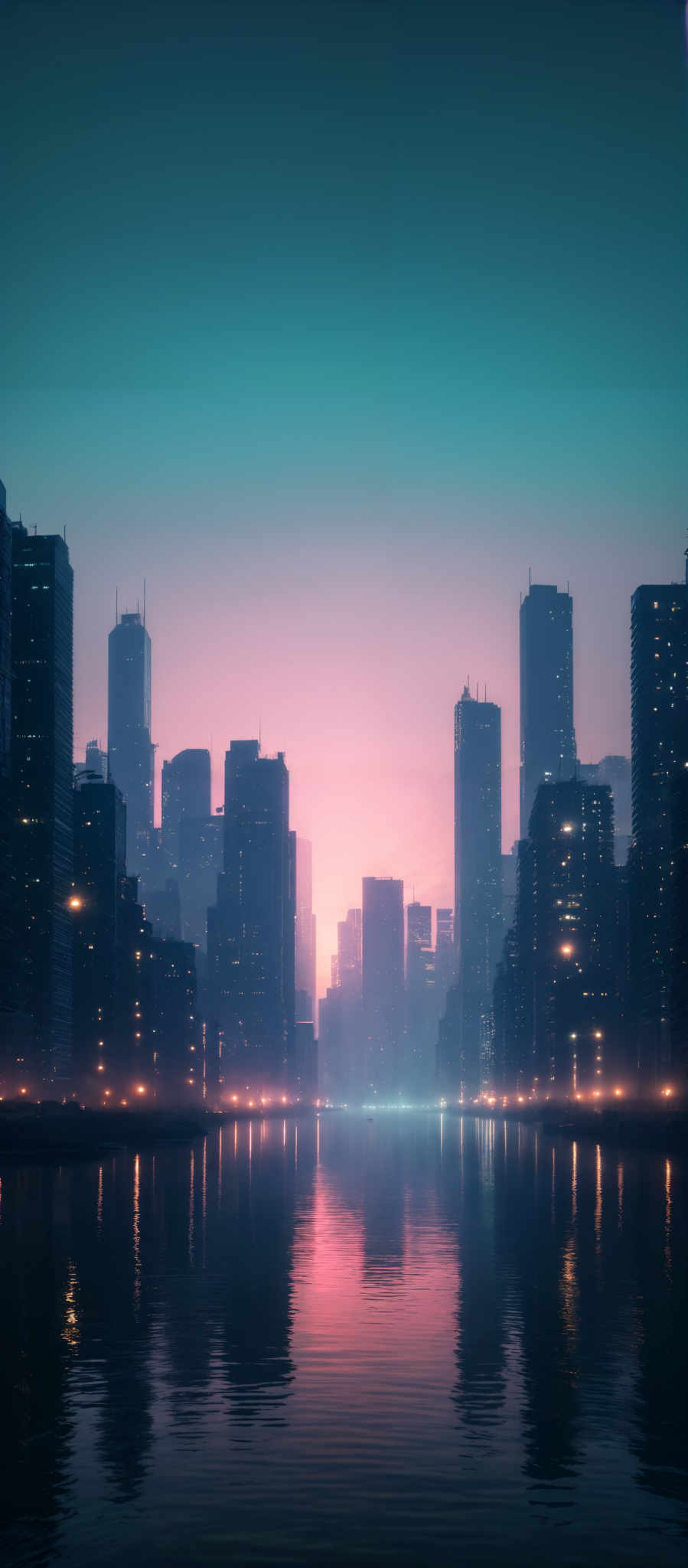 The image showcases a cityscape during what appears to be dusk or dawn. The sky is painted with hues of blue, transitioning to a soft pink and then to a deeper shade of purple. The city's skyscrapers, illuminated by the city lights, stand tall against the backdrop of the sky. The buildings are of varying heights, with some having spires or antennas on top. The reflection of the city' lights can be seen in the calm waters in the foreground, creating a mirror effect. The overall ambiance of the image is serene and tranquil, with the city bathed in a soft glow.