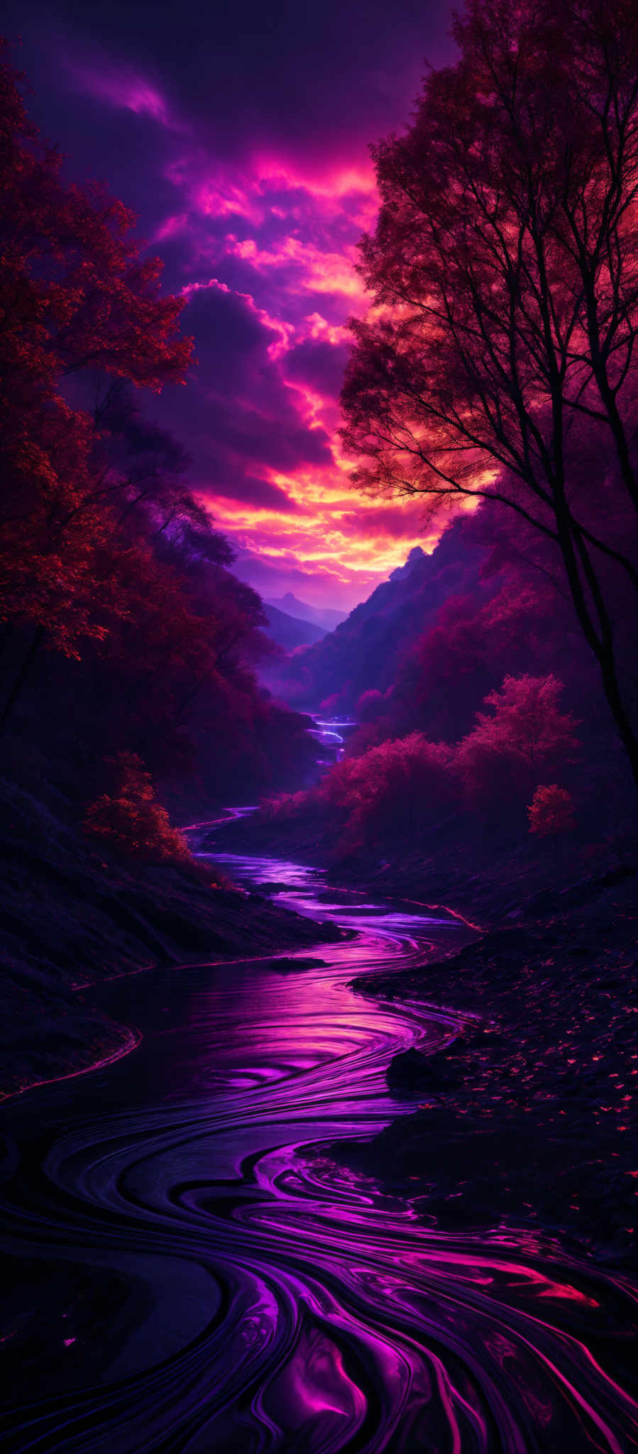 The image showcases a breathtaking landscape during what appears to be sunset or sunrise. The sky is painted with hues of purple, pink, and orange, with dark clouds adding contrast. The silhouette of a tree stands prominently on the right side, its branches reaching out. Below, a meandering river reflects the vibrant colors of the sky, with its winding patterns creating a mesmerizing effect. The riverbanks are adorned with trees, their leaves displaying autumnal shades of red and orange. The overall ambiance is serene and ethereal.