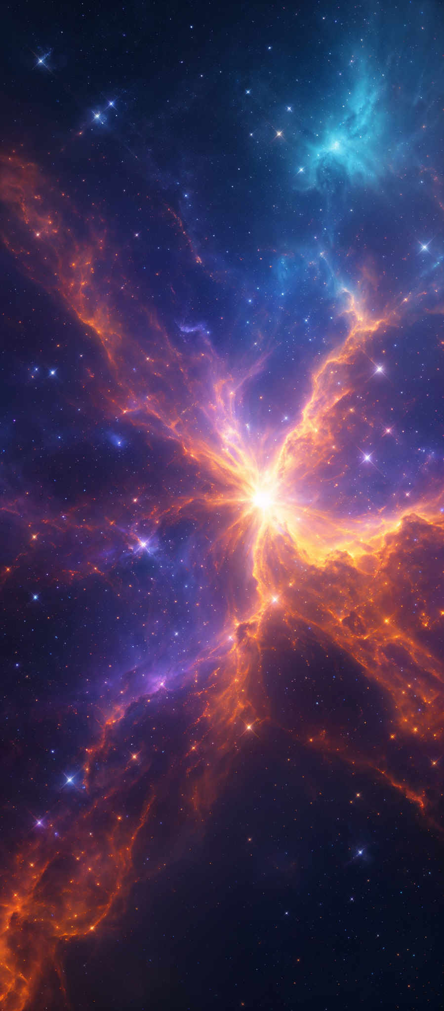 The image showcases a vibrant cosmic scene with a mix of deep blues, fiery oranges, and purples. The central region emits a bright glow, possibly representing a star or a supernova. Surrounding this glow are intricate patterns of nebulae, which are vast clouds of gas and dust in space. These nebular formations take on various shapes, with some appearing as swirling galaxies and others as radiant bursts of light. The vastness of space is also depicted with numerous distant stars scattered throughout the image, adding depth and dimension to the scene.