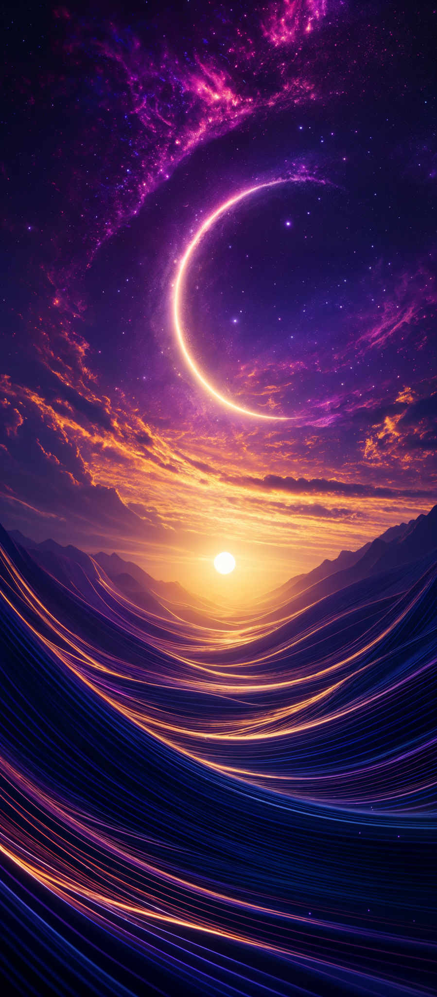 The image showcases a vibrant and mesmerizing cosmic scene. Dominating the top half is a deep purple and pink nebula, interspersed with bright stars. A crescent moon, glowing in a soft white hue, arches gracefully across the nebular backdrop. Below, a radiant sun casts a golden-orange glow, illuminating a series of undulating, dark mountains. The foreground features a flowing river or stream with light reflecting off its surface, creating a shimmering pathway. The entire scene is a blend of contrasting colors, from the deep blues and purples of space to the warm oranges and