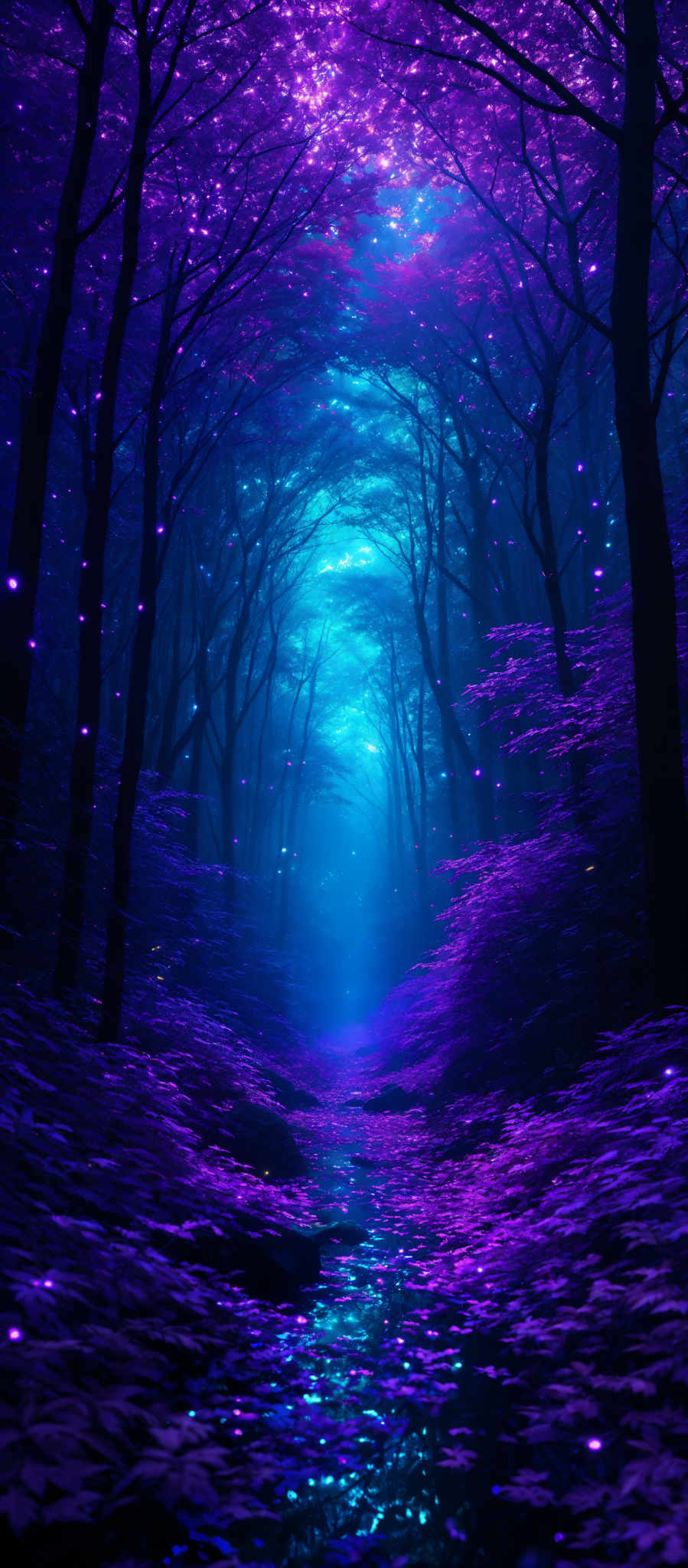 The image showcases a mesmerizing forest scene. The dominant colors are shades of purple and blue, creating a dreamy and ethereal ambiance. The trees have slender trunks and their branches are intricately intertwined, forming a canopy overhead. The forest floor is covered in a thick layer of purplish-blue leaves, reflecting the same hue. A serene stream flows through the center, its water shimmering with a mix of blue and purple reflections. The sky above is a deep blue, suggesting it might be either dawn or dusk. The overall scene evokes a sense of wonder and enchantment.