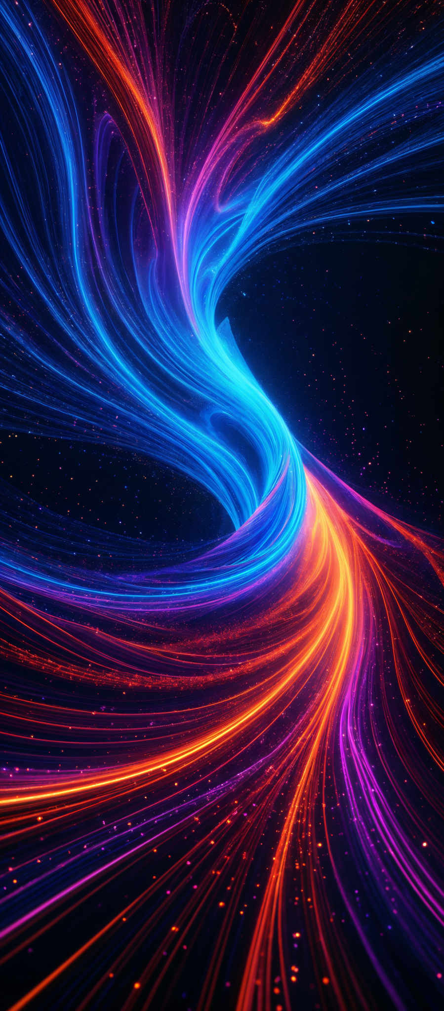 The image showcases a vibrant and dynamic swirl of colors. The predominant colors are shades of blue, orange, and purple. The swirls are intricate and form a spiral-like pattern, converging towards a central point. The background is dark, possibly representing a night sky, and is sprinkled with tiny, bright dots, possibly depicting stars.