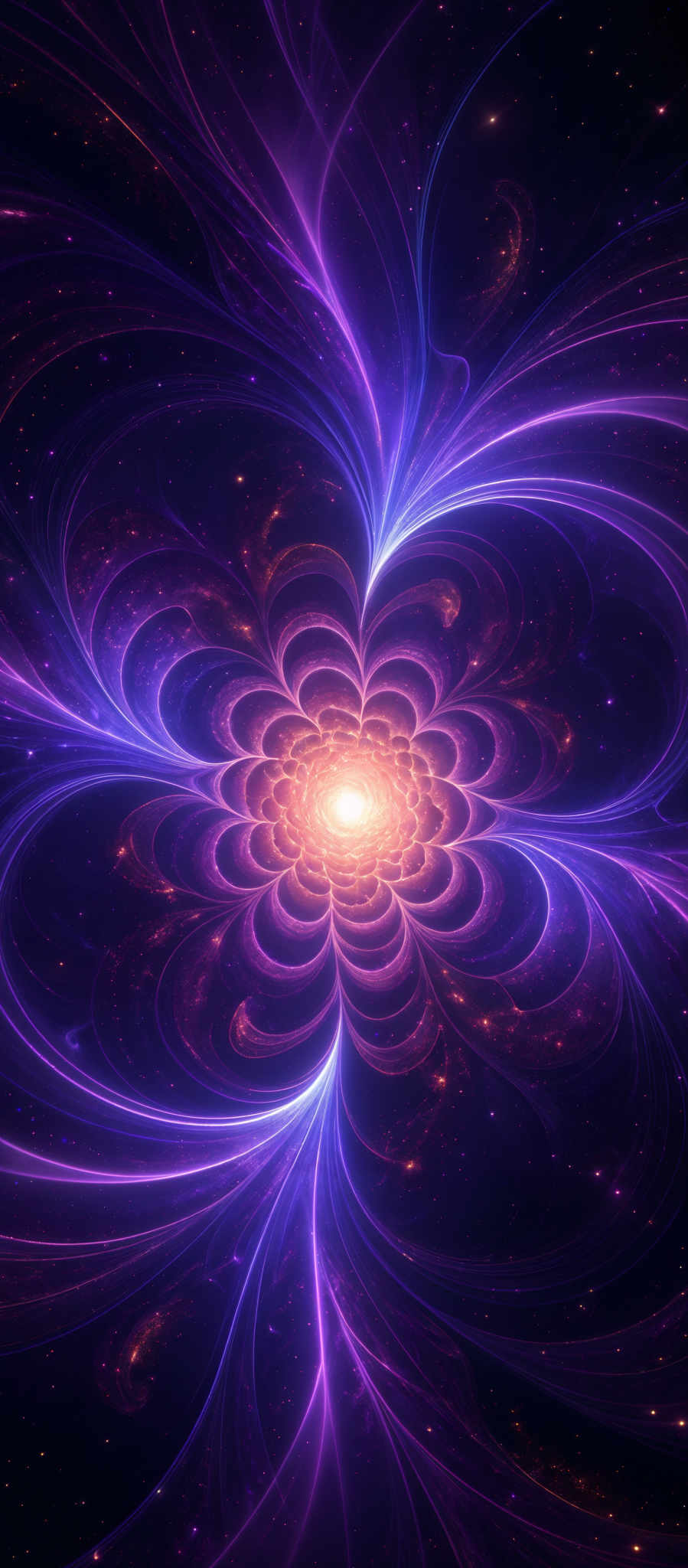 The image showcases a vibrant and intricate design that appears to be a cosmic or abstract representation. It predominantly features shades of purple, blue, and gold. The central part of the image has a bright, glowing core that resembles a flower or a burst of energy. Surrounding this core are swirling patterns of electric blue and purple lines that seem to radiate outwards, intertwining and looping around. These lines give the image a dynamic and flowing appearance, reminiscent of energy or cosmic matter. The background is dark, with specks of light that could be interpreted as distant stars or other celestial bodies.