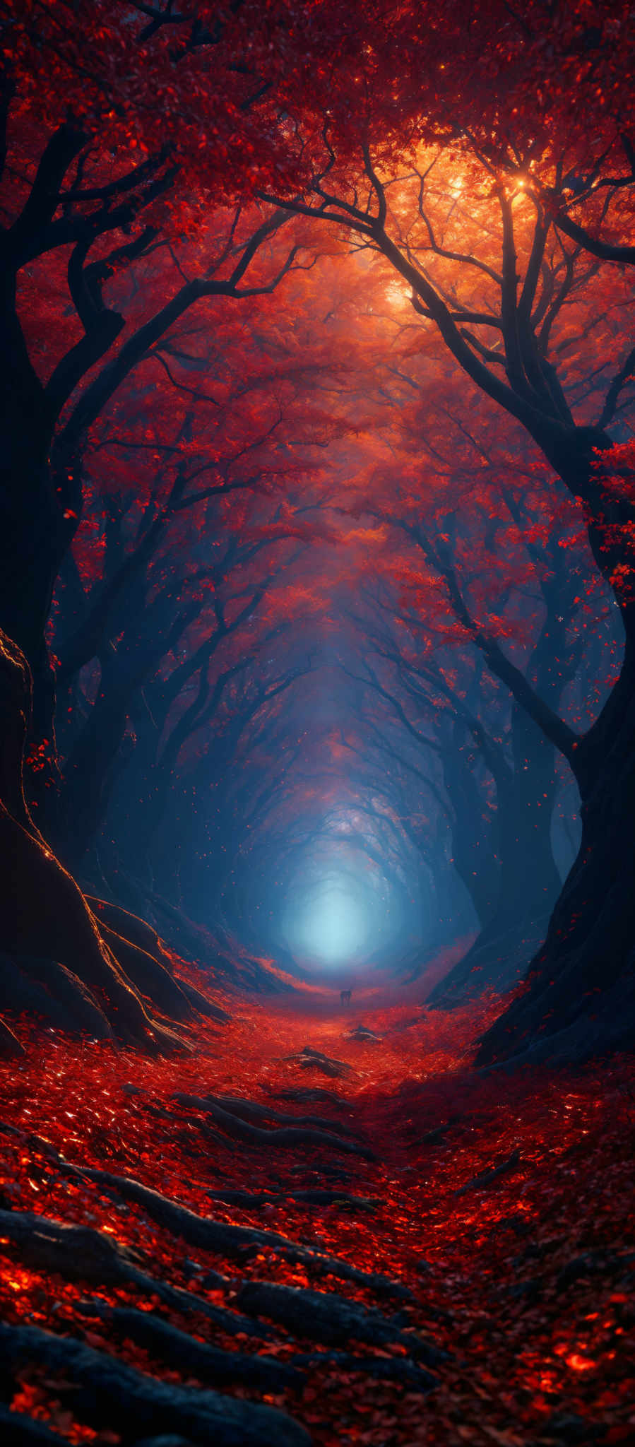 The image showcases a breathtaking forest scene during autumn. The dominant colors are deep reds, oranges, and blues. The trees have twisted, gnarled trunks and their canopies are covered in vibrant red leaves, creating a tunnel-like effect. The ground is carpeted with fallen leaves, and there's a misty ambiance, adding to the ethereal beauty of the scene. In the distance, a lone figure can be seen walking towards a bright light, possibly a sunrise or sunset.