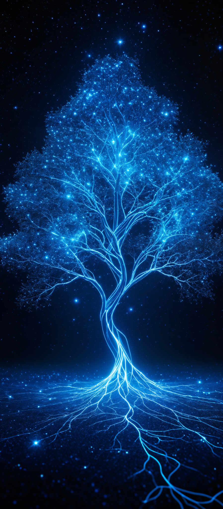 The image showcases a vibrant and mesmerizing tree with glowing blue roots and branches. The tree stands tall against a backdrop of a starry night sky, with its branches and leaves illuminated in a radiant blue hue. The roots of the tree extend outwards, forming intricate patterns on the ground, which is also illuminating in a similar blue glow. The overall ambiance of the image is serene, mystical, and ethereal.