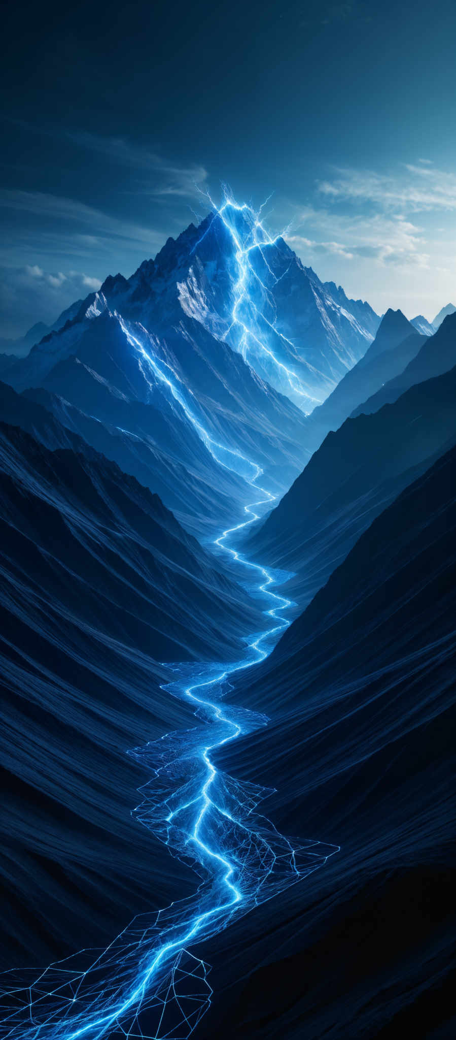 The image showcases a vast mountainous landscape bathed in a deep blue hue. The mountains have jagged peaks, and their slopes are covered with snow. A striking feature is the bright blue lightning that seems to emanate from the peaks and streak down the mountainsides. This lightning creates a contrast with the darker shades of the mountains. In the foreground, there's a winding river or stream that reflects the same blue light, creating a mesmerizing effect. The sky above is a mix of dark clouds and lighter areas, suggesting either an early morning or late evening setting.