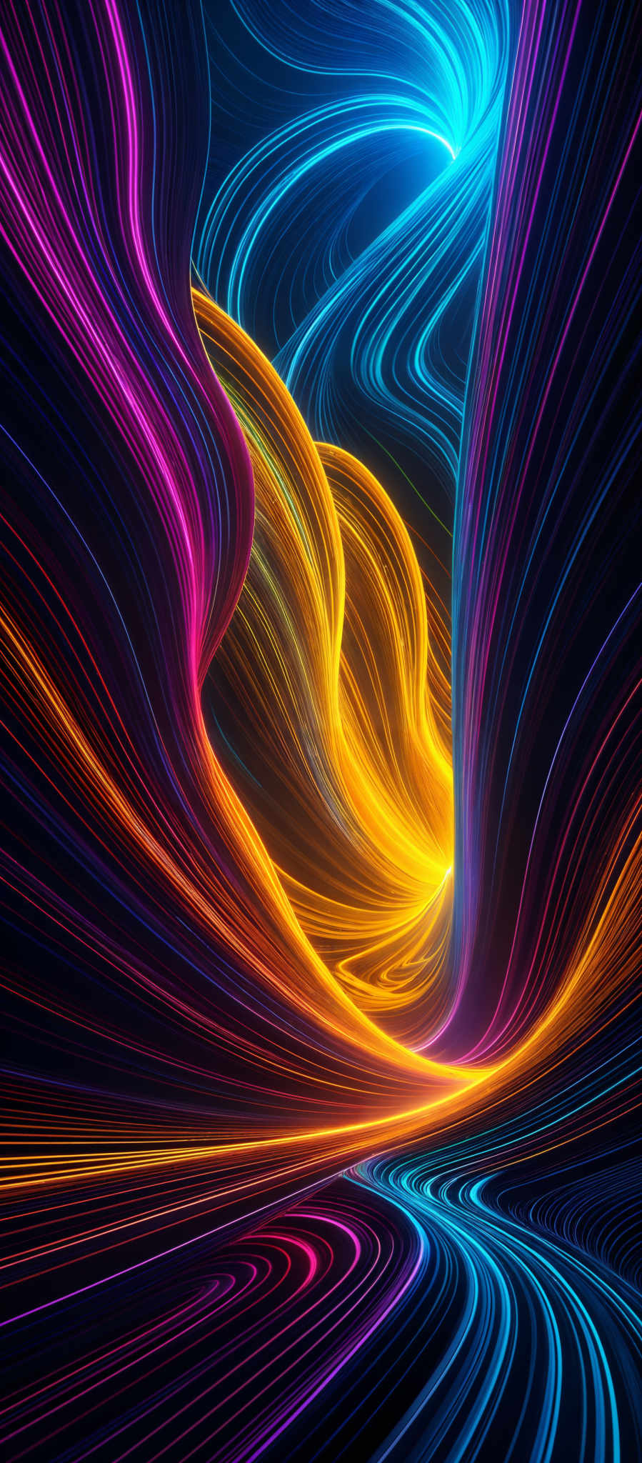 The image showcases a vibrant and dynamic swirl of colors. The predominant colors are shades of blue, purple, and gold. The shapes are fluid and wavy, resembling flowing streams or waves of color. The image gives an impression of a whirlpool or vortex, with the colors spiraling inwards and outwards, creating a mesmerizing visual effect.