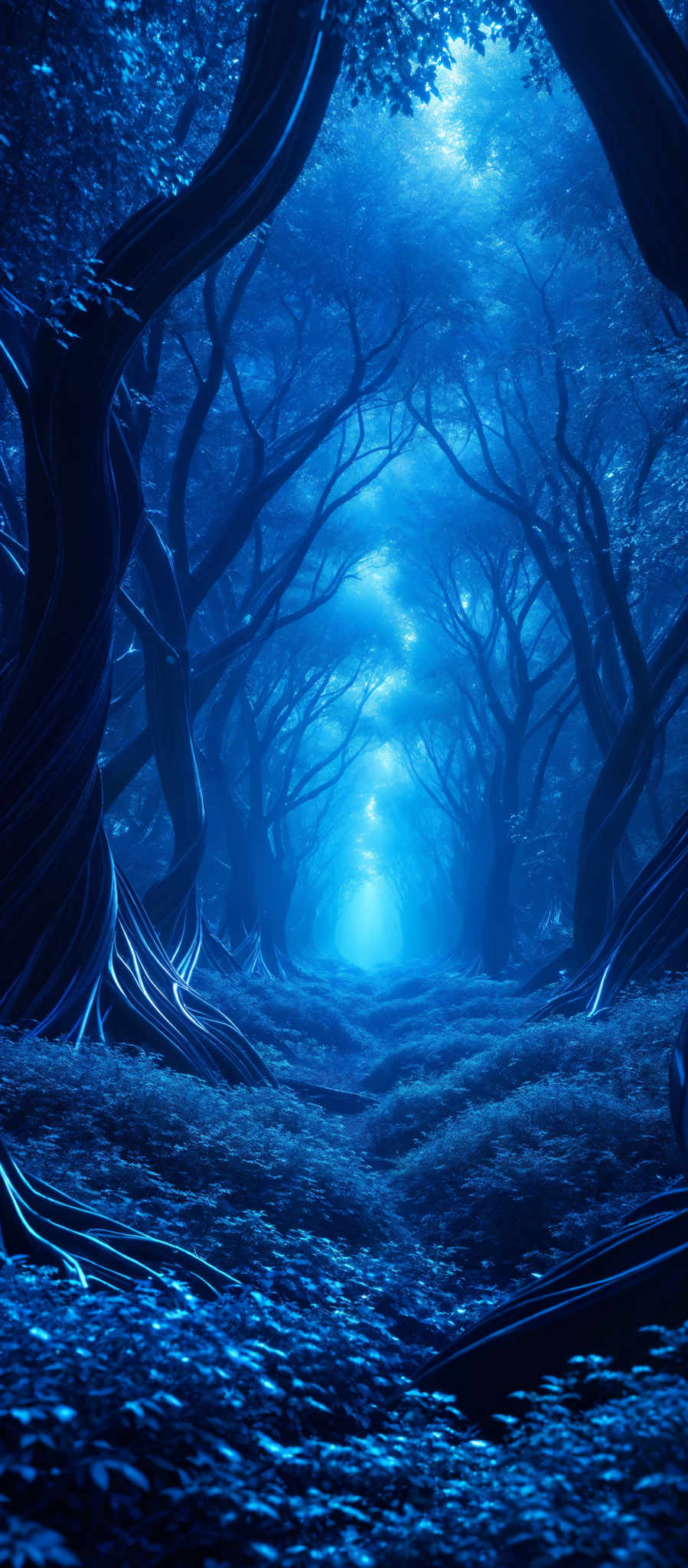 The image showcases a mystical forest with twisted and intertwined trees that form a natural tunnel. The trees have a dark, almost black hue with intricate patterns and designs on their trunks. The ground is covered in a shimmering blue carpet, possibly made of leaves or some other reflective material. The entire scene is bathed in a soft blue light, creating an ethereal and dreamy atmosphere.