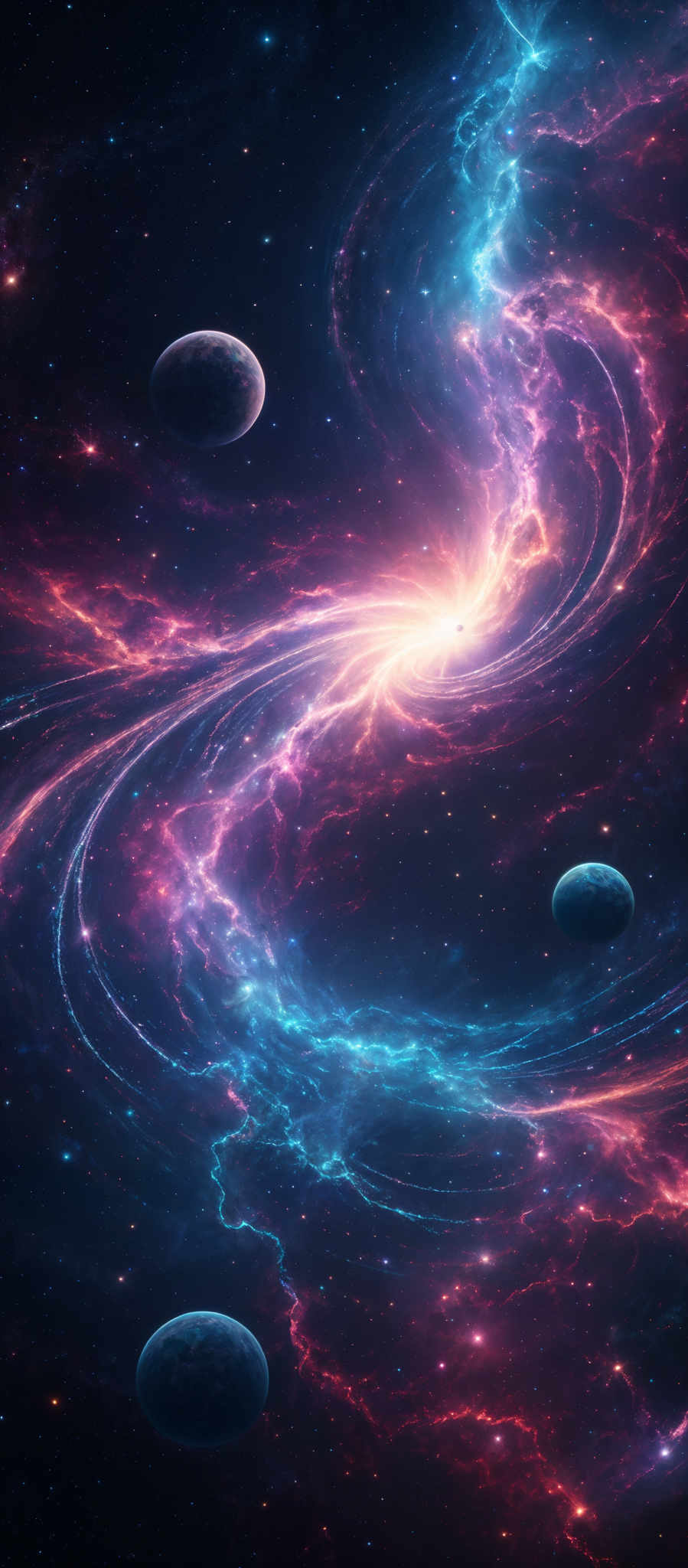 The image showcases a mesmerizing cosmic scene with swirling nebulae in vibrant hues of pink, blue, and purple. There are multiple celestial bodies, including planets and stars, scattered throughout. The central part of the image features a bright, radiant light source, possibly a star or a supernova, emitting a brilliant glow. The swirled patterns of the nebular gas and dust create intricate and dynamic shapes, giving the image a sense of movement and depth.