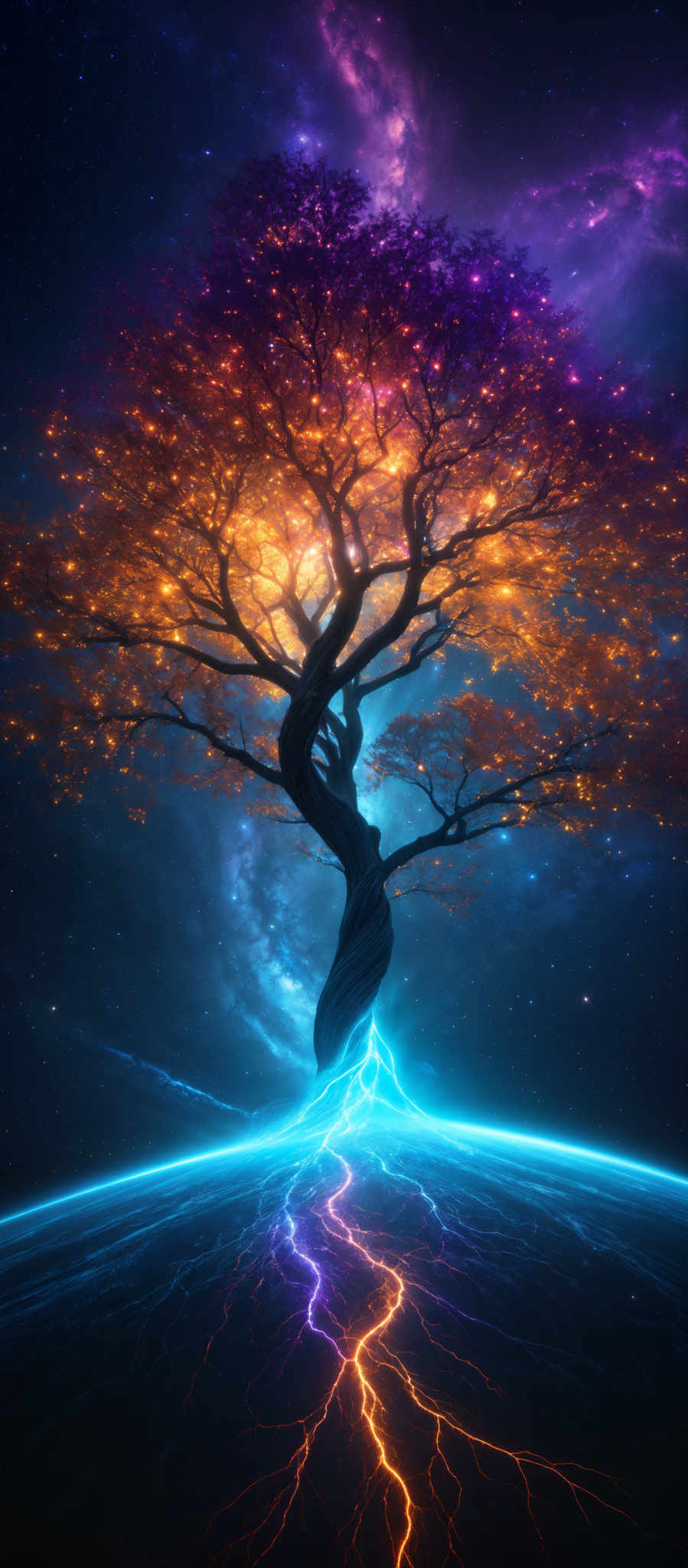 The image showcases a vibrant and surreal scene. At the center, there's a tree with a twisted trunk and sprawling branches. The leaves of the tree are ablaze with a fiery orange and red hue, illuminated by what appears to be a radiant light source from within. The tree's roots are connected to a blue, electrified surface that seems to be emanating energy. Surrounding the tree is a cosmic backdrop with deep purples and blues, dotted with stars and nebulae. The entire scene gives off a mystical and otherworldly vibe.