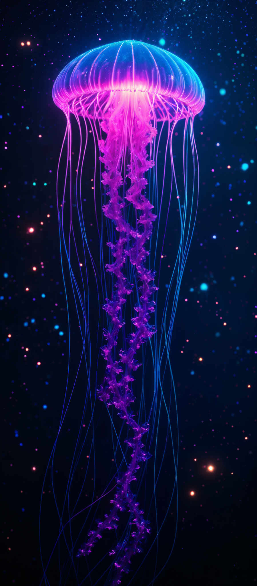 The image showcases a vibrant and mesmerizing jellyfish. It has an elongated, dome-shaped bell with radiant hues of blue and pink. The tentacles are long and delicate, trailing downwards, and they too exhibit a gradient of colors, transitioning from a deep blue at the top to a vivid pink at the tips. The background is a deep, starry space, with tiny, glowing dots representing distant stars.