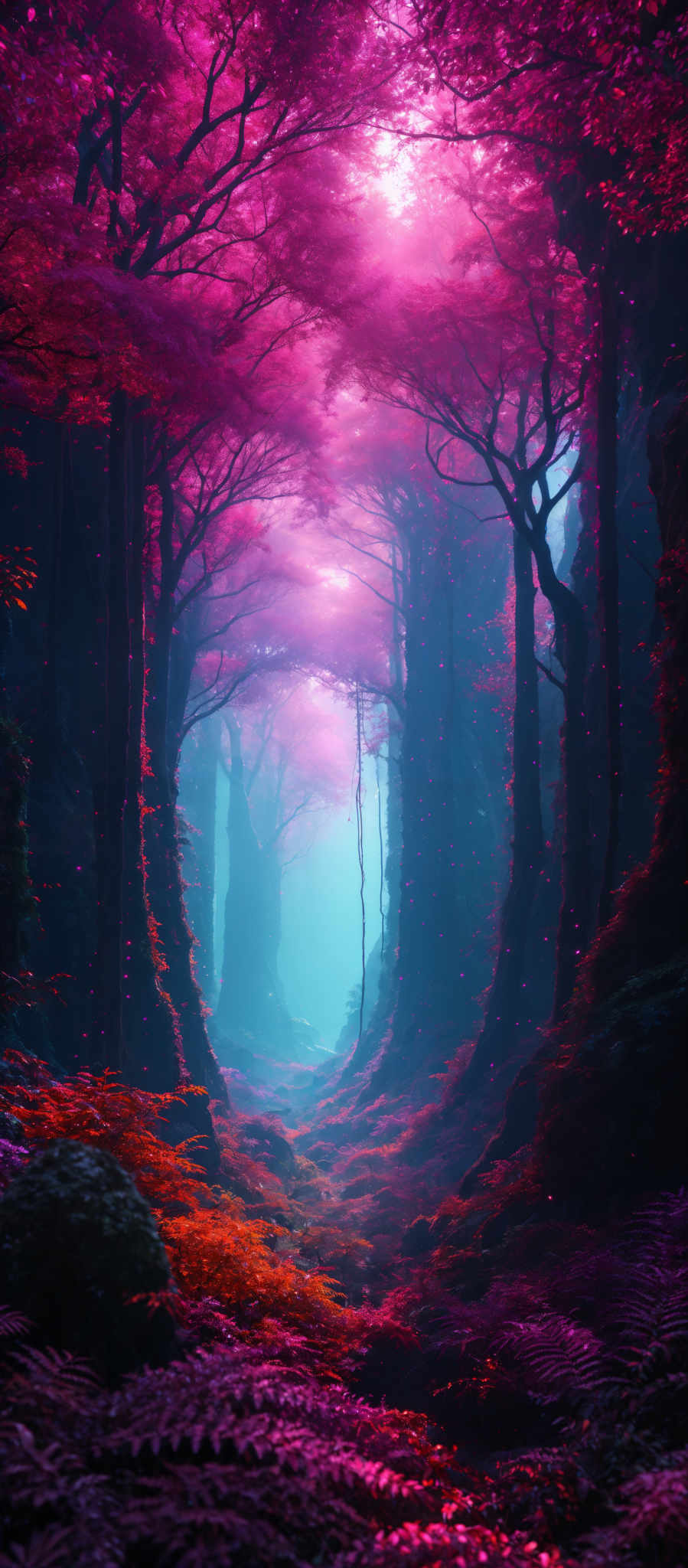 The image showcases a breathtaking forest scene. The dominant colors are shades of pink, purple, and blue. The trees have a tall and slender shape, with their branches reaching out in various directions. The forest floor is covered in vibrant ferns and moss, displaying hues of orange, purples, and greens. There are also small, glowing orbs scattered throughout the scene, adding a magical touch. The background reveals a misty pathway leading deeper into the forest, illuminated by a soft, ethereal light.