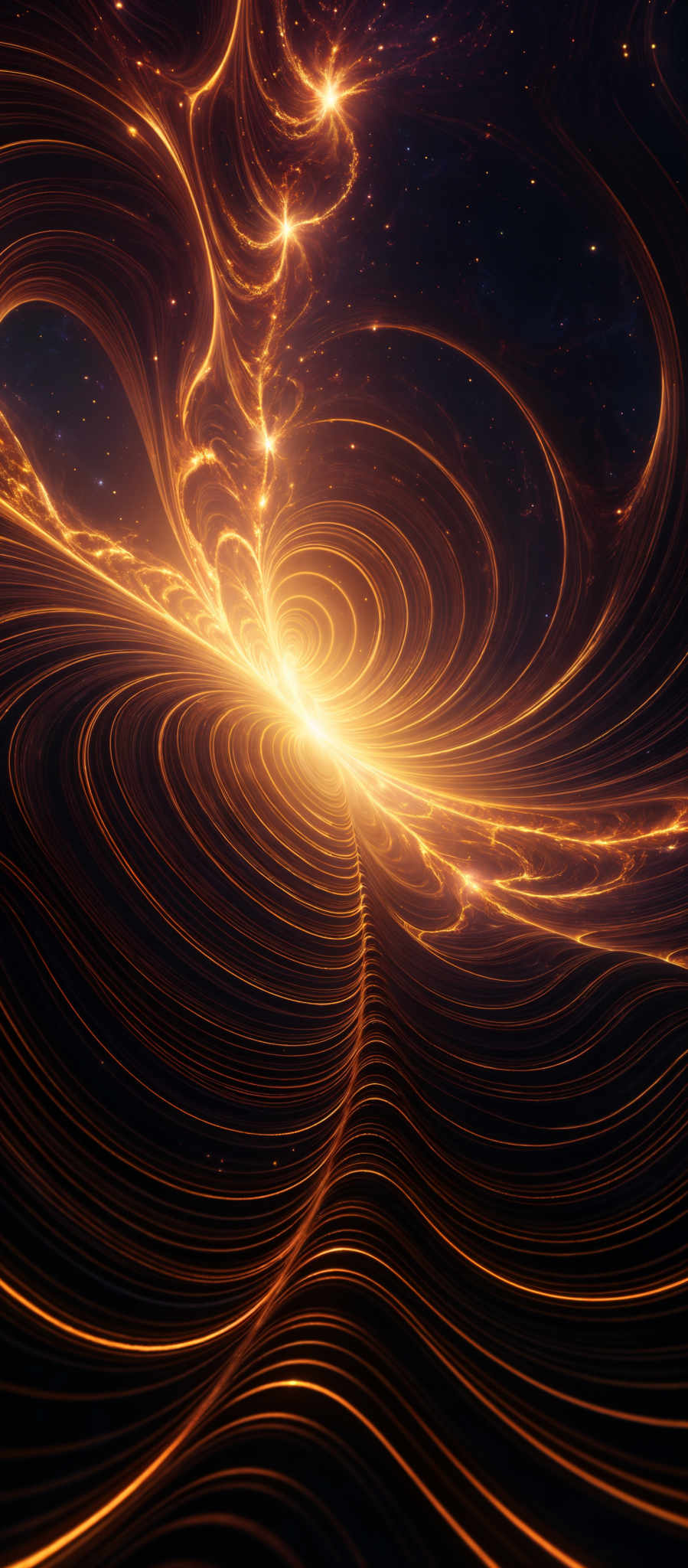 The image showcases a mesmerizing interplay of swirling golden and orange patterns against a deep, dark background. These patterns resemble flowing energy or light, creating a sense of movement and dynamism. The swirls converge towards a central point, giving an impression of depth and dimension. The overall color palette is dominated by warm tones, with the contrasting dark background adding depth and making the golden patterns pop.