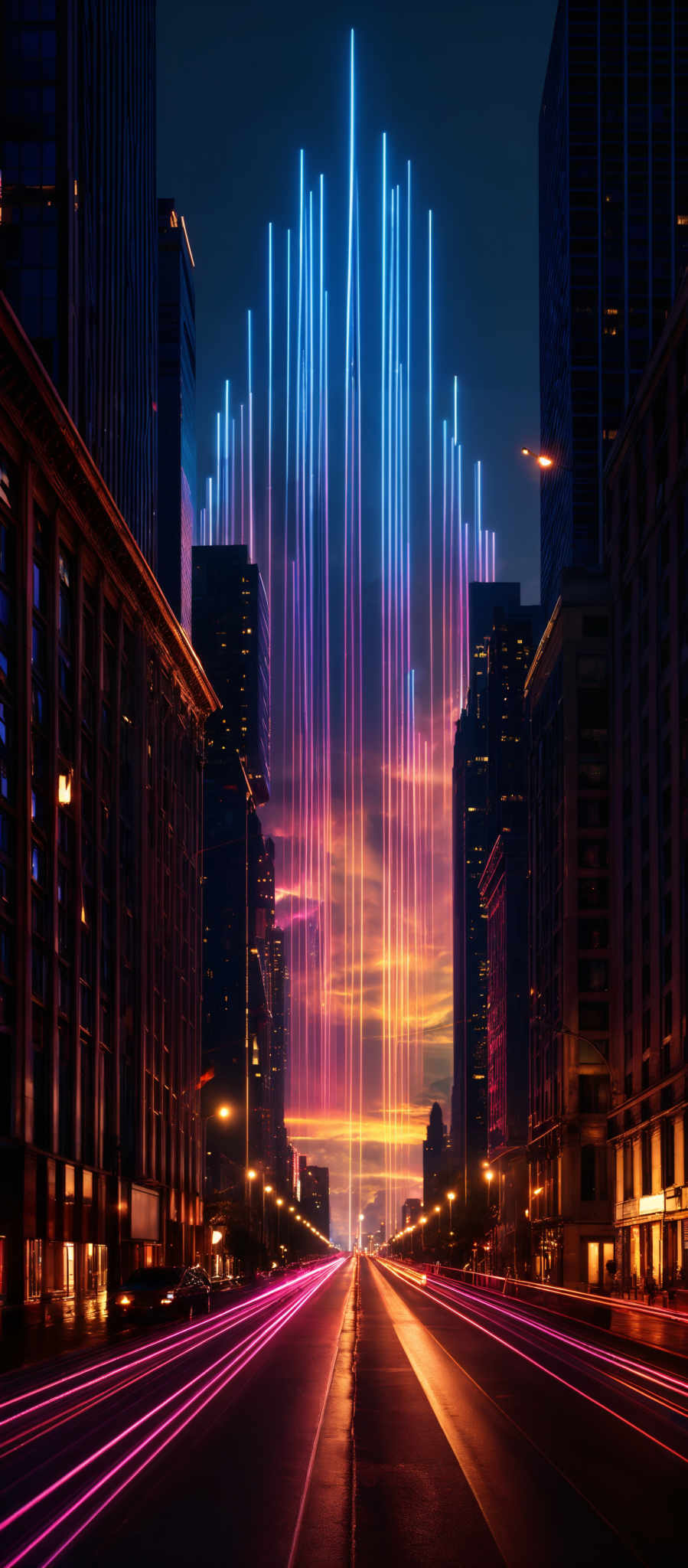 The image showcases a cityscape during the evening or night. The skyline is dominated by tall buildings, some of which have unique architectural designs. The most striking feature is the cascading vertical streaks of light in various shades of blue, purple, and pink, creating an ethereal effect against the dark sky. These lights seem to emanate from the buildings or perhaps are a representation of digital data or energy. The streets below are illuminated with the glow of streetlights and car headlights, creating a contrast between the vibrant sky and the grounded city.