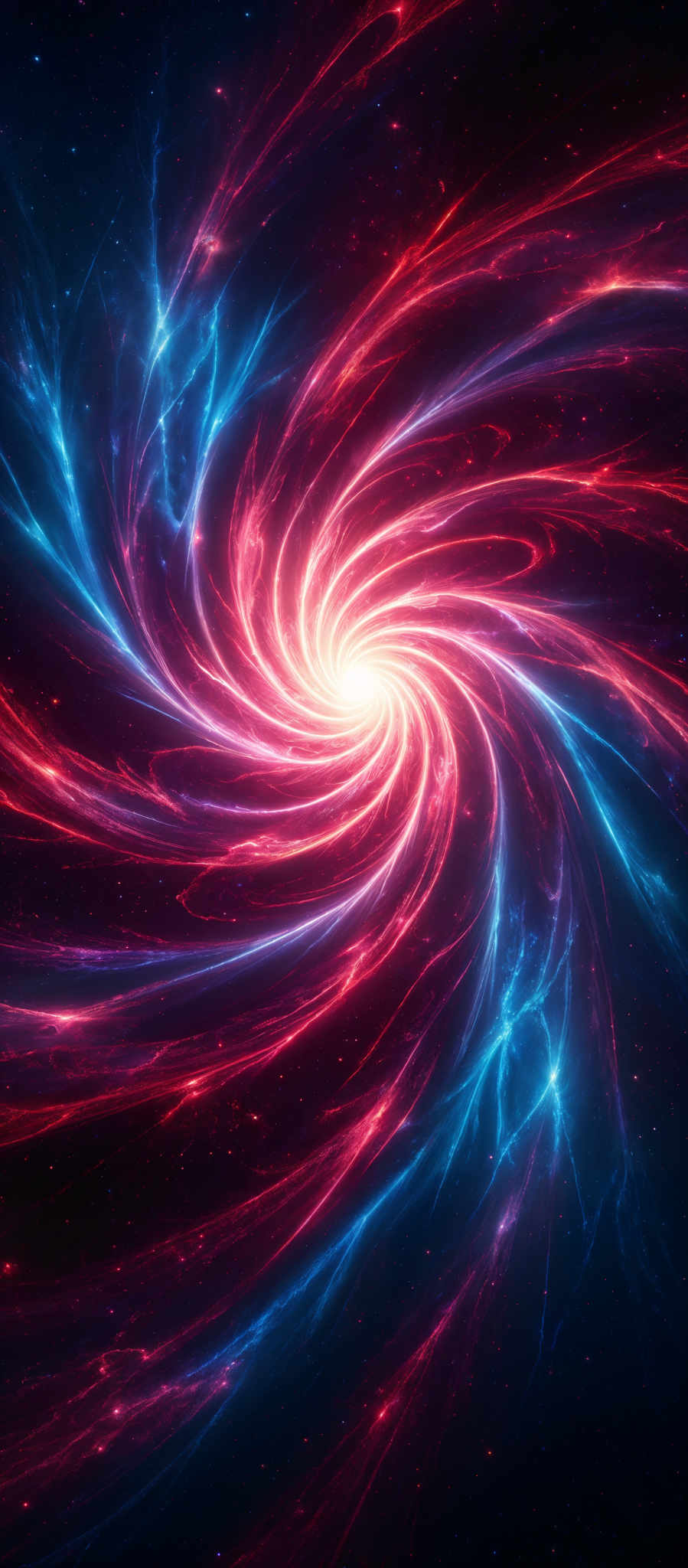 The image showcases a mesmerizing cosmic scene with swirling patterns of vibrant colors. Dominating the center is a bright, radiant white light, reminiscent of a star or a supernova. Surrounding this central light are tendrils of electric blue and fiery red energy, swirled together in a spiral motion. These energy tendrills seem to emanate from the central light, spiraling outwards and intertwining with one another. The background is a deep, starry expanse, adding to the sense of vastness and mystery of the universe.