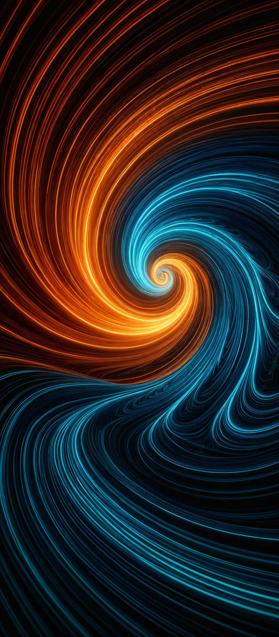 The image showcases a vibrant and dynamic swirl of colors. At the center, there's a spiral of bright orange and blue, reminiscent of a whirlpool or vortex. These colors radiate outwards, creating a mesmerizing pattern of intertwined lines and curves. The predominant colors are shades of orange, blue, and black, with the orange and black creating a contrasting visual effect. The swirls are intricate and appear to be moving, giving the image a sense of motion and energy.