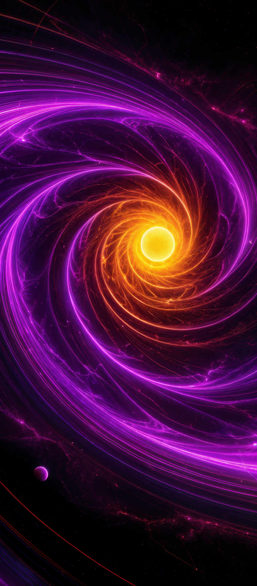 The image showcases a vibrant cosmic scene with swirling patterns of purple and pink energy emanating from a central point. This central point appears to be a radiant, glowing sphere of yellow and orange, possibly representing a sun or a star. Surrounding this central point are concentric circles of energy, creating a spiral effect. The background is dark, filled with distant stars and cosmic dust, adding depth and contrast to the vivid colors of the swirls.