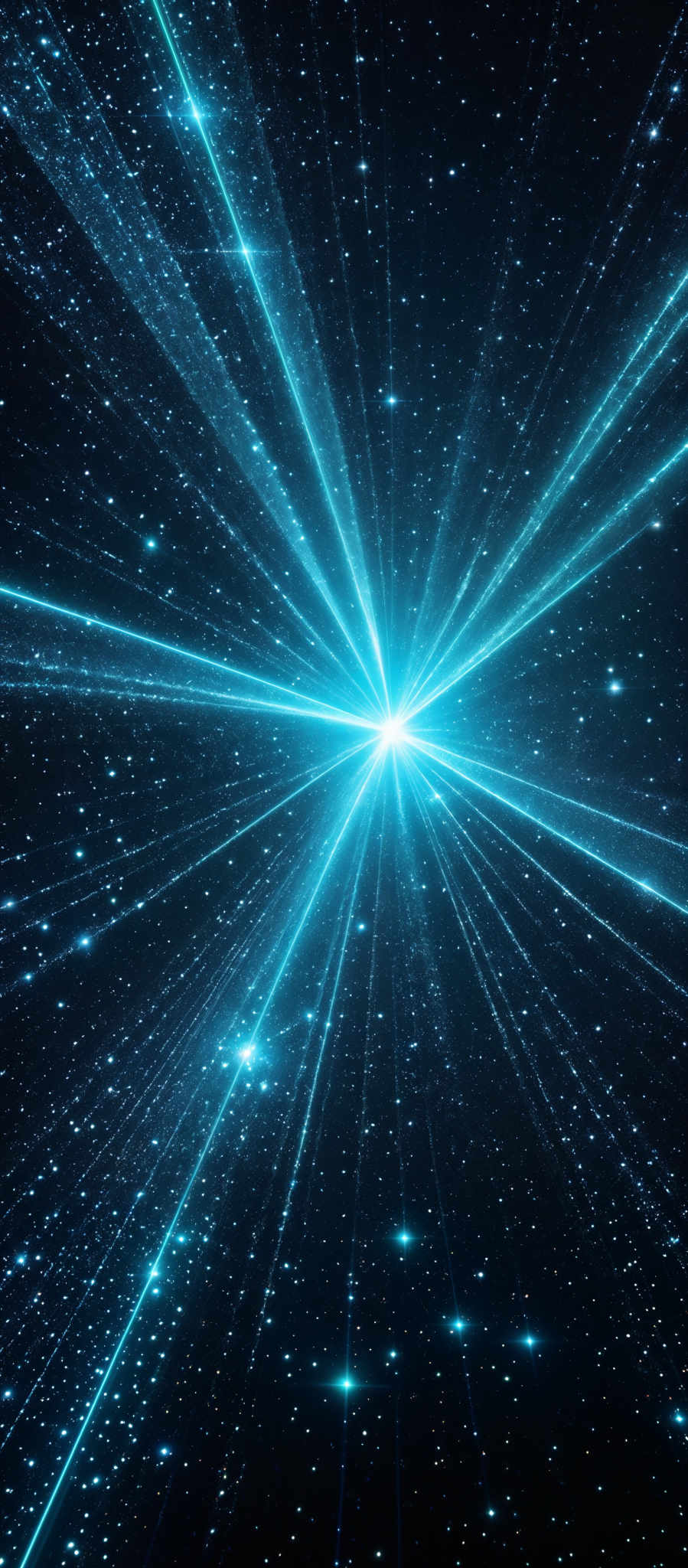 The image showcases a vibrant blue color palette dominated by radiant beams of light that emanate from a central point. These beams spread outwards in all directions, creating an effect reminiscent of a starburst or explosion. The background is filled with numerous tiny white dots, resembling stars or distant galaxies, further enhancing the cosmic ambiance. The overall shape is dynamic and expansive, giving a sense of vastness and depth, as if one is gazing into the infinite expanse of the universe.