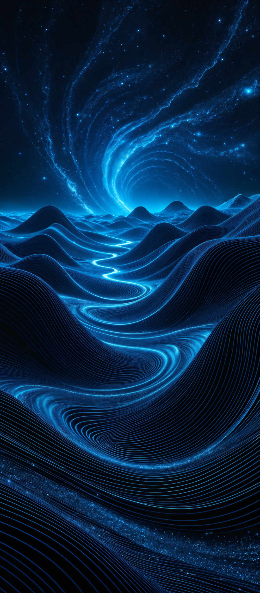 The image showcases a mesmerizing cosmic landscape. Dominated by deep blue hues, it features undulating, wave-like patterns that resemble sand dunes or mountains. These patterns are interspersed with luminous streaks of light, giving the impression of flowing water or energy. Above, a vast expanse of space is filled with swirling galaxies and stars, creating a sense of depth and vastness. The overall composition evokes feelings of wonder, mystery, and the vastness of the universe.