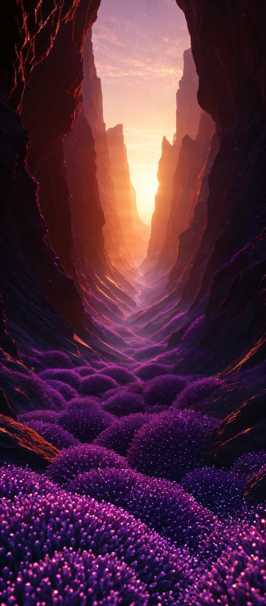 The image showcases a breathtaking landscape. The foreground is dominated by a vast expanse of vibrant purple flowers, which seem to carpet the ground. These flowers are densely packed, giving the impression of a sea of blossoms. The middle ground reveals a winding river or stream that reflects the golden hues of the setting or rising sun. The background is framed by towering rock formations, which are illuminated by the sun's rays, casting deep shadows and adding depth to the scene. The sky above is clear, allowing the sun to shine brightly, and it's adorned with a few scattered stars, suggesting either early morning