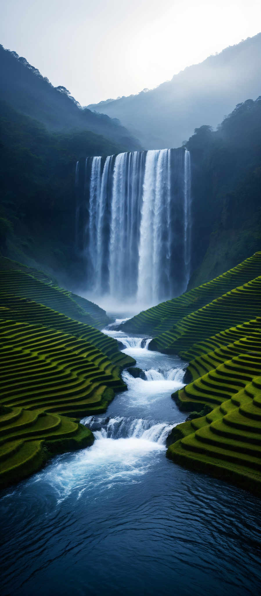 The image showcases a breathtaking landscape with vibrant green terraced fields that are meticulously carved into the hillside. These terraces are characterized by their curved, step-like patterns, creating a series of lush, green platforms. In the background, a majestic waterfall cascades down a steep cliff, producing a misty aura. The waterfall is surrounded by dense forests, and the entire scene is enveloped in a mist, giving it a dreamy and ethereal quality. The sky above is overcast, adding to the serene ambiance of the landscape.