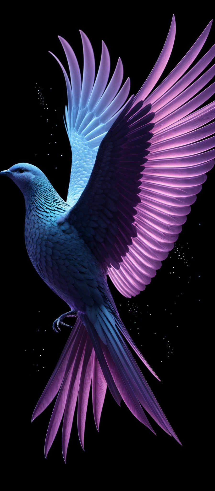 The image showcases a bird in mid-flight, with its wings spread wide. The bird is predominantly blue and purple, with intricate feather patterns. The wings exhibit a gradient of colors, transitioning from a deep blue at the tips to a lighter, almost neon purple towards the center. The background is black, which accentuates the bird's vibrant colors and gives it a surreal, ethereal appearance.