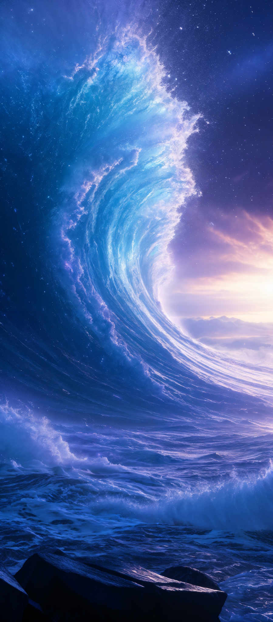 The image showcases a massive, powerful wave crashing onto a rocky shore. The wave is a vibrant shade of blue, transitioning from a deep navy at its base to a lighter, almost turquoise hue at its crest. The foam of the wave is white and frothy, contrasting sharply with the deep blue. The sky above the wave displays a beautiful gradient of colors, transition from a dark purple to a soft orange, hinting at either a sunrise or sunset. There are also small specks that resemble stars scattered across the sky, adding to the ethereal quality of the scene.