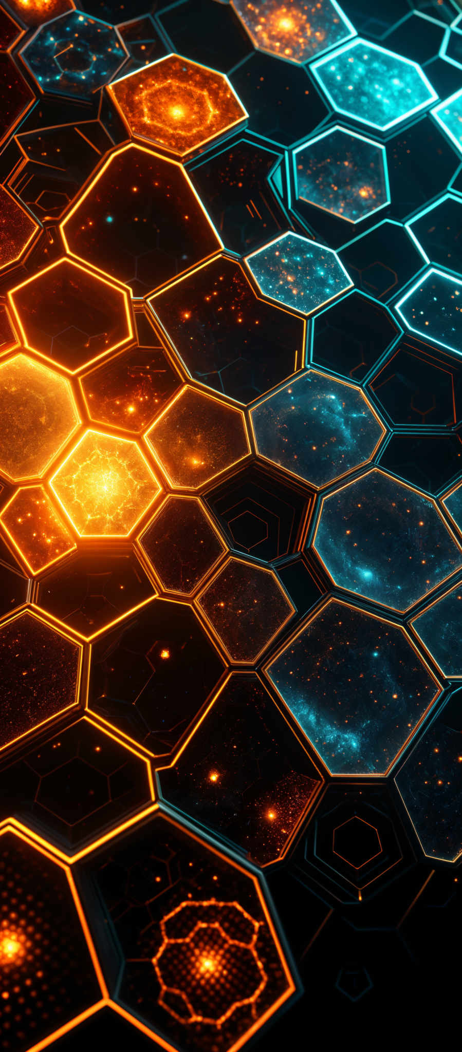 The image showcases a pattern of hexagonal shapes interconnected. These hexagons are filled with a mix of vibrant colors, including deep blues, fiery oranges, and glowing whites. Some of the hexagones have a more solid appearance, while others have a holographic or translucent quality, revealing patterns within. The overall design gives a futuristic or technological vibe, reminiscent of a digital interface or a cosmic landscape.