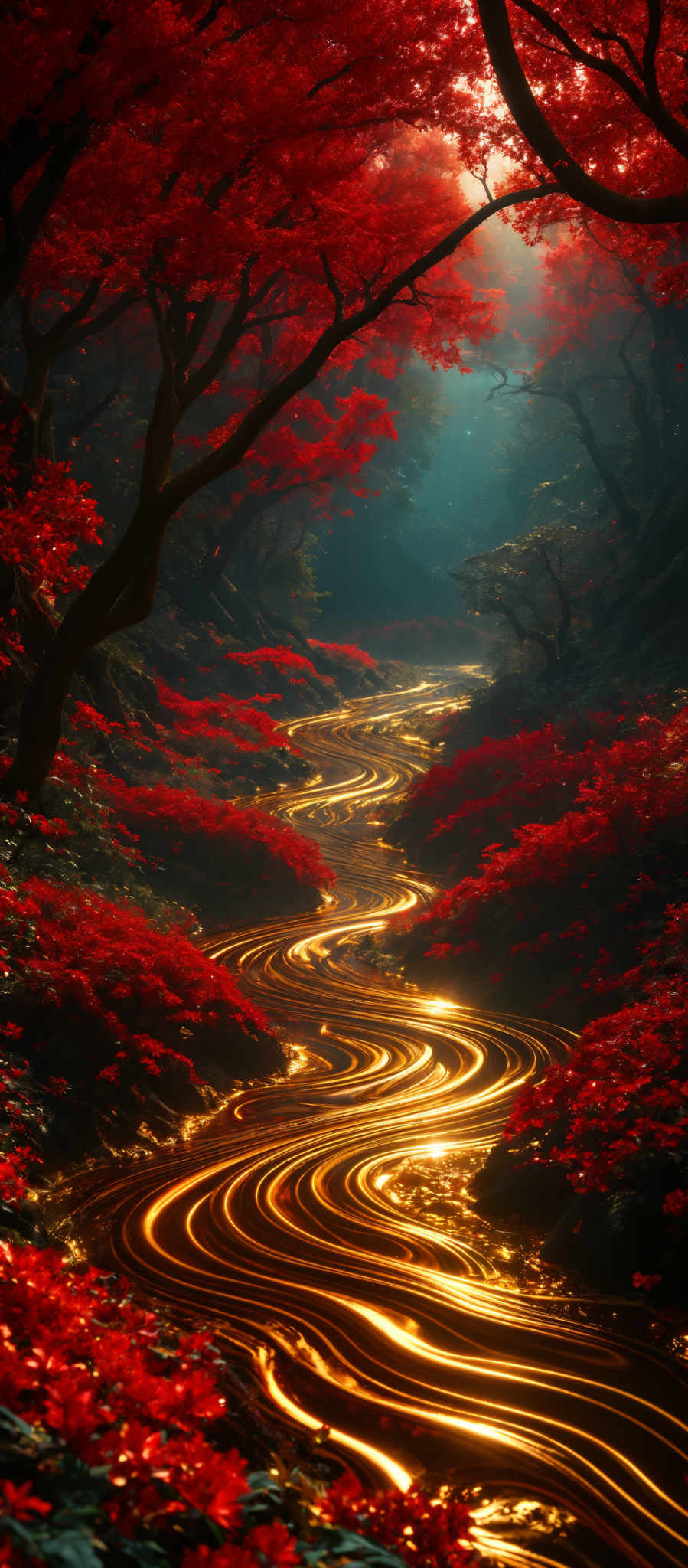 The image showcases a vibrant and mesmerizing scene of a forest during autumn. The dominant color is a deep red, seen in the leaves of the trees. The trees have a winding and twisted shape, with their branches extending outwards. The ground is covered with a thick layer of red leaves, creating a carpet-like appearance. A meandering stream with golden-yellow water flows through the forest, reflecting the light and creating a contrast with the surrounding red foliage. The overall ambiance of the image is serene and ethereal, with the play of light adding depth and dimension to the scene.