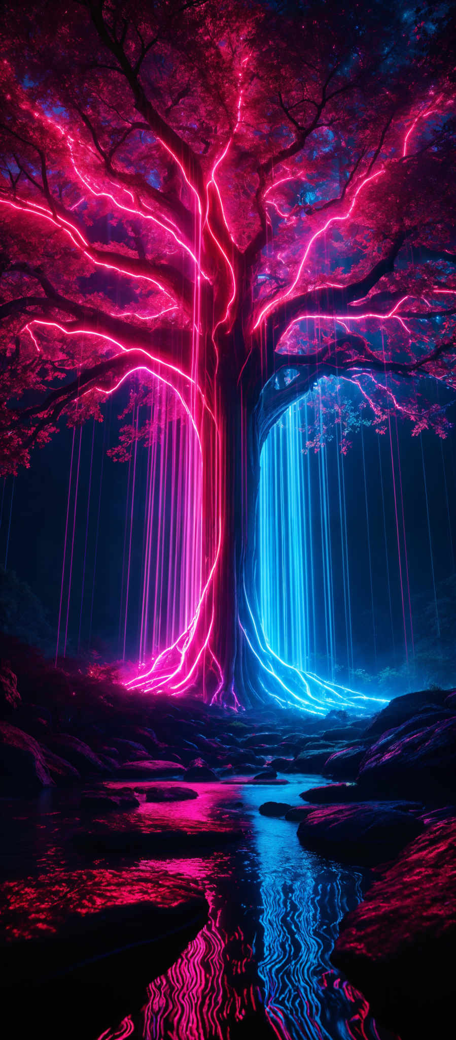 The image showcases a vibrant and mystical scene. The dominant colors are shades of pink, blue, and black. The shape is that of a large tree with its branches sprawling outwards. The tree is illuminated with bright neon-like streaks of pinks and blues, giving it an ethereal glow. These lights cascade down from the tree, creating a waterfall effect. The ground is rocky with a serene body of water reflecting the tree's lights. The water's surface has ripples, possibly caused by a gentle breeze or movement in the water.