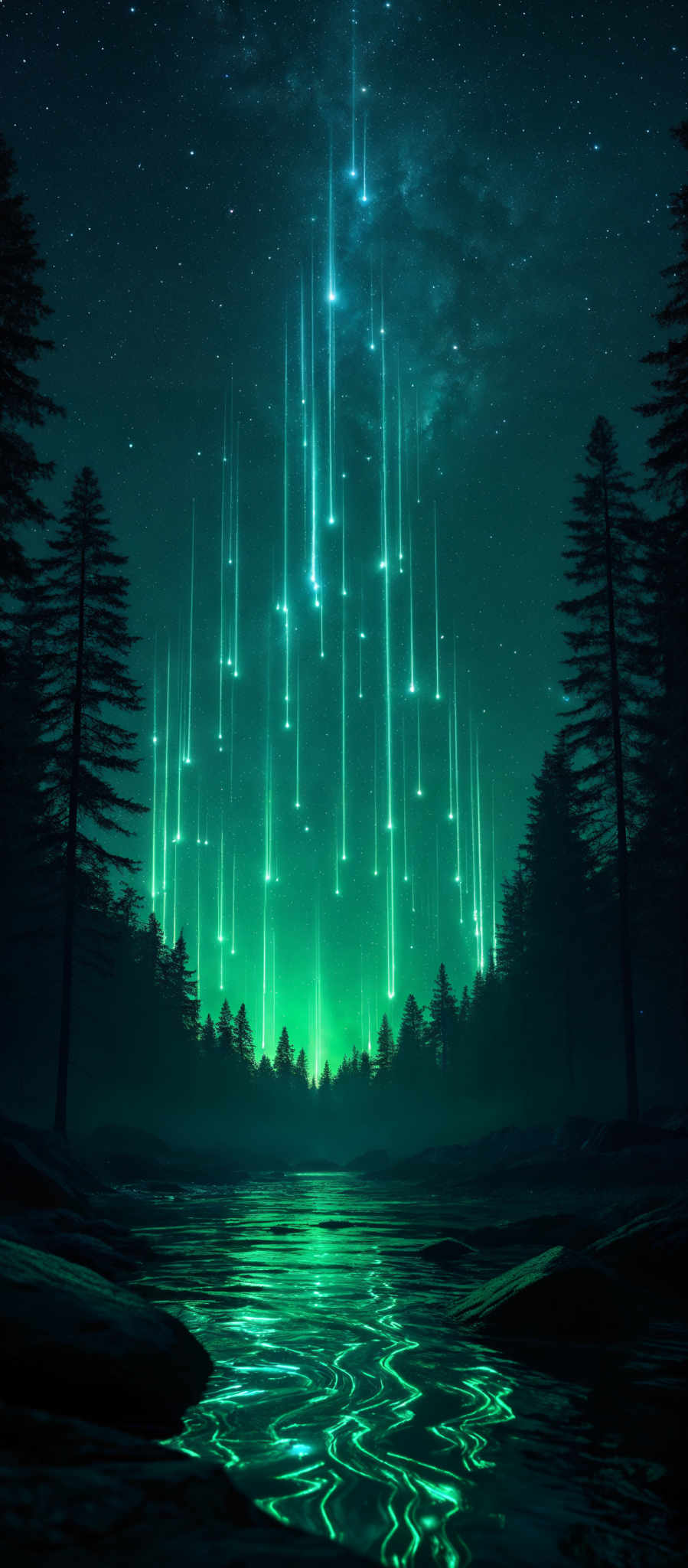 The image showcases a serene nighttime landscape. The sky is dotted with numerous stars, and there's a radiant display of vertical light streaks, possibly representing falling stars or meteorites, illuminating the scene. These streaks are bright green and blue, contrasting beautifully with the dark blue of the night sky. Below, there're silhouettes of tall trees, possibly pine or fir, lining the horizon. In the foreground, there is a calm body of water reflecting the light from the sky, with wavy patterns suggesting movement or ripples.