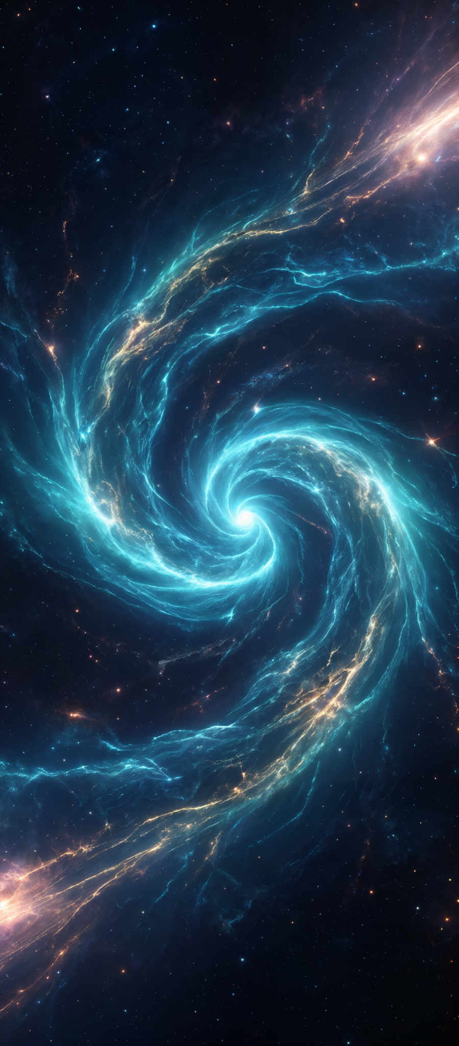 The image showcases a mesmerizing cosmic scene with swirling patterns of blue and golden light. The dominant shape is a spiral, reminiscent of a galaxy or nebula, with bright, glowing tendrils extending outwards. The colors range from deep blues to radiant golds, creating a stark contrast and adding depth to the image, suggesting the presence of various celestial elements and phenomena.