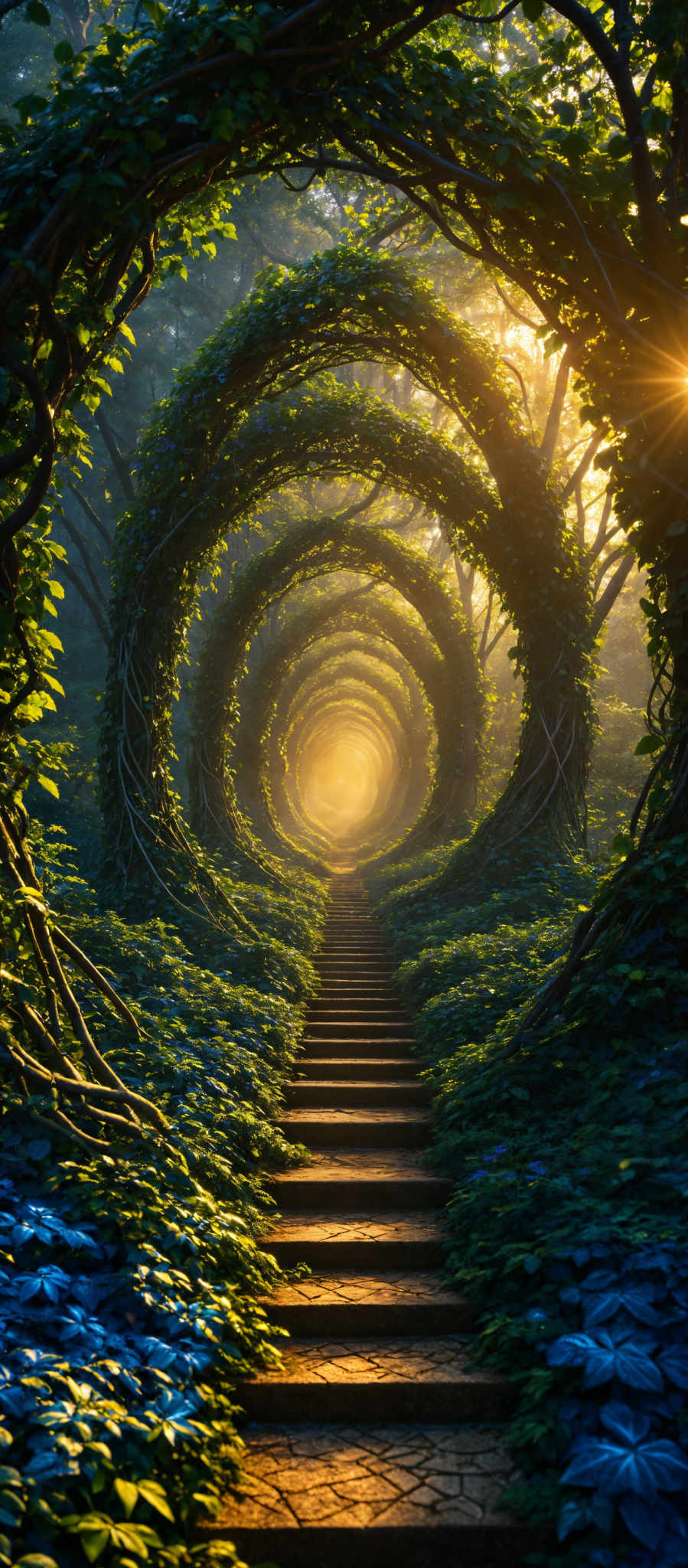 The image showcases a captivating natural scene. The dominant colors are various shades of green, representing the lush foliage, and golden hues from the sunlight filtering through the trees. The shape is predominantly circular, with multiple concentric arches made of intertwined branches forming a tunnel-like passage. The ground is adorned with blue-tinted flowers, and there's a stone staircase leading upwards, inviting viewers to explore further into the enchanting forest.