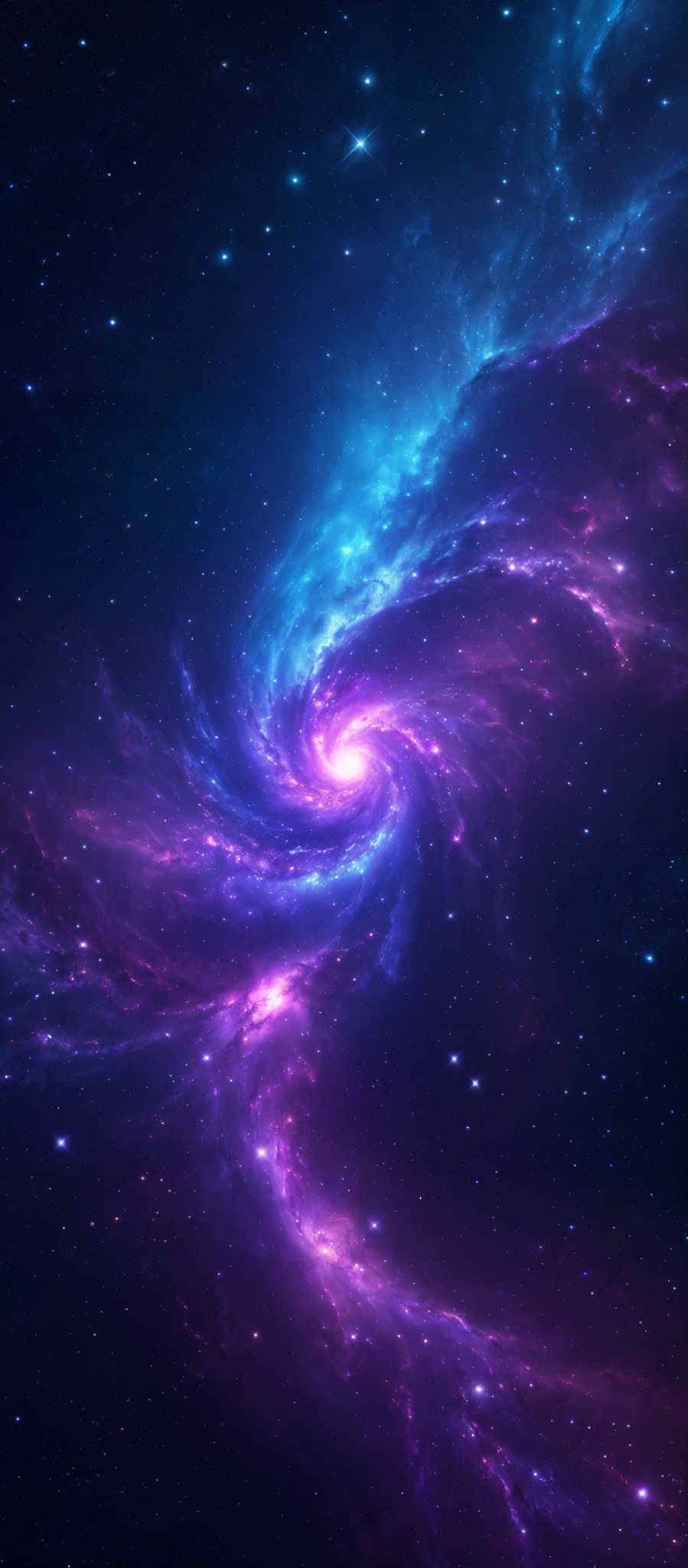 The image showcases a mesmerizing cosmic scene with a swirling galaxy at its center. The galaxy emits a radiant glow, with hues of blue and purple dominating the visual. The swirled patterns of the galaxy are accentuated by bright white stars scattered throughout. The backdrop is a deep space filled with countless stars, creating a sense of vastness and wonder.