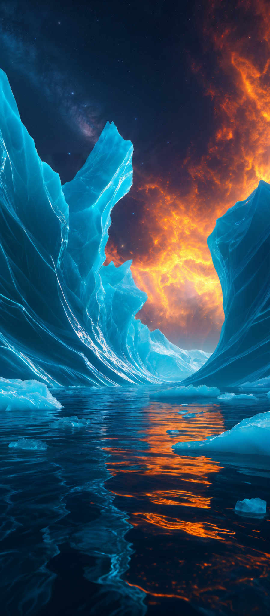 The image showcases a breathtaking landscape of icebergs set against a fiery backdrop. The iceberg shapes are intricate, with jagged edges and smooth surfaces. They are predominantly in shades of blue, with some areas reflecting the fiery orange and red hues of the sky. The sky itself is a mix of deep blues and fiery oranges, suggesting either a sunrise or sunset. Stars are also visible in the darker portions of the image, adding to the ethereal ambiance.