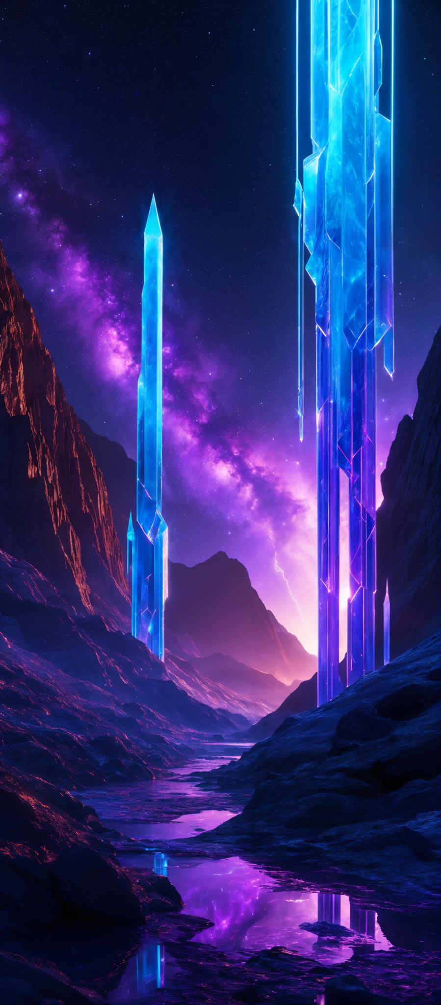 The image showcases a surreal landscape with towering crystalline structures that emit a radiant blue glow. These structures are surrounded by rugged terrains with sharp mountain peaks. The sky is painted with hues of purple and pink, suggesting either a sunrise or sunset. The crystals themselves are multi-faceted and seem to be made of a translucent material. The reflection of the crystalls can be seen in the water below, creating a mirrored effect.