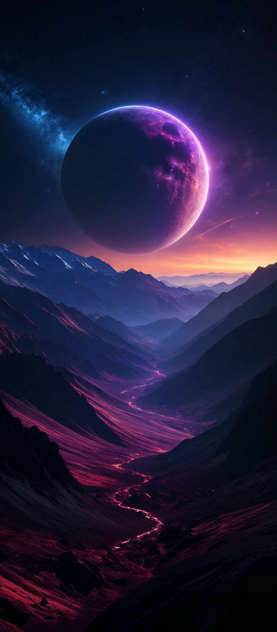 The image showcases a breathtaking celestial landscape. Dominating the scene is a large, vibrant planet with hues of purple and blue, appearing close to the horizon. This planet is set against a backdrop of a starry night sky, with a hint of a galaxy visible. Below the planet, a mountainous terrain stretches out, with valleys and ridges illuminated in shades of red and orange, possibly indicating a setting or rising sun. The sky is a gradient of deep blue to a fiery orange, suggesting either dawn or dusk. The overall ambiance is serene, yet awe-inspiring.