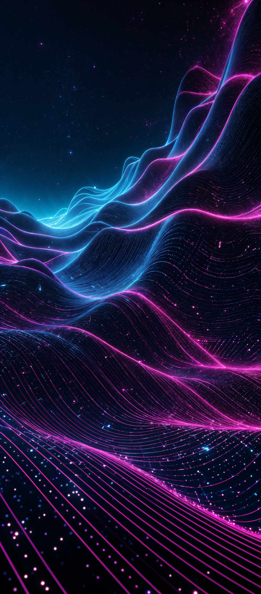 The image showcases a vibrant and dynamic digital landscape. It predominantly features neon hues of pink, blue, and purple. The shapes are intricate and resemble flowing waves or ripples, creating an undulating pattern across the canvas. The background is dark, possibly representing a night sky or outer space, with scattered bright dots that could be interpreted as stars or distant galaxies.