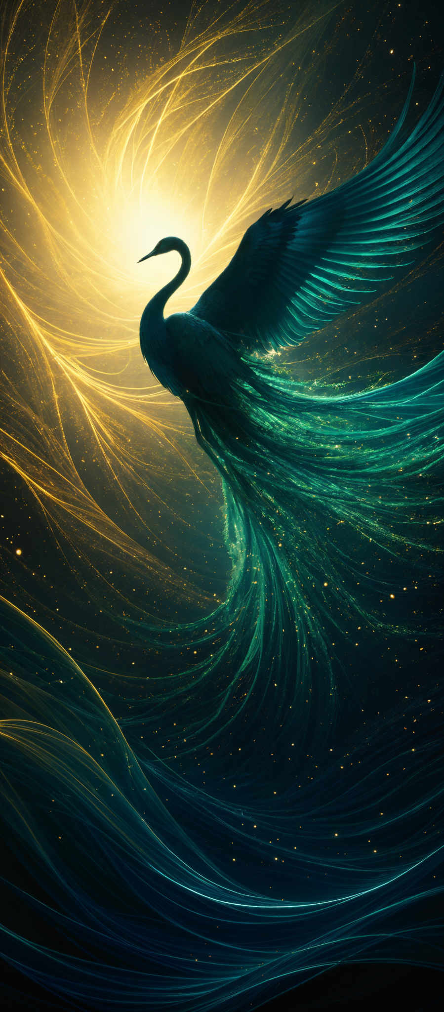 The image showcases a majestic bird, possibly a crane or egret, soaring amidst a cosmic backdrop. The bird is predominantly dark, with its wings and tail feathers exhibiting a vibrant shade of teal. The background is a mesmerizing blend of golden and deep blue hues, resembling swirling galaxies or nebulas. The golden swirls radiate outward, creating a sense of movement and energy. Scattered throughout the background are tiny specks of light, possibly representing distant stars or other celestial bodies.