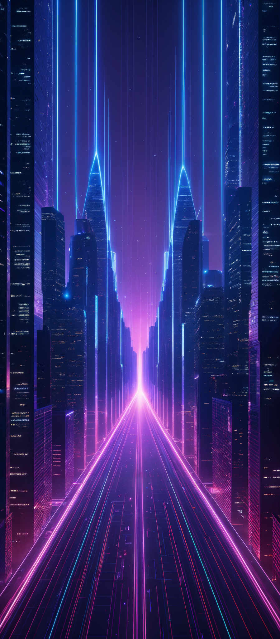 The image showcases a futuristic cityscape with tall skyscrapers. The buildings are illuminated with bright neon lights, predominantly in shades of blue and pink. The central focus is a bright, glowing pathway that runs through the city, emitting a vibrant blue light. This pathway appears to be made of some kind of advanced material or technology, as it reflects the surrounding lights and seems to be moving or pulsating. The overall ambiance of the image is vibrantly colorful, with a mix of dark shadows and bright highlights, giving it a cyberpunk or sci-fi feel.