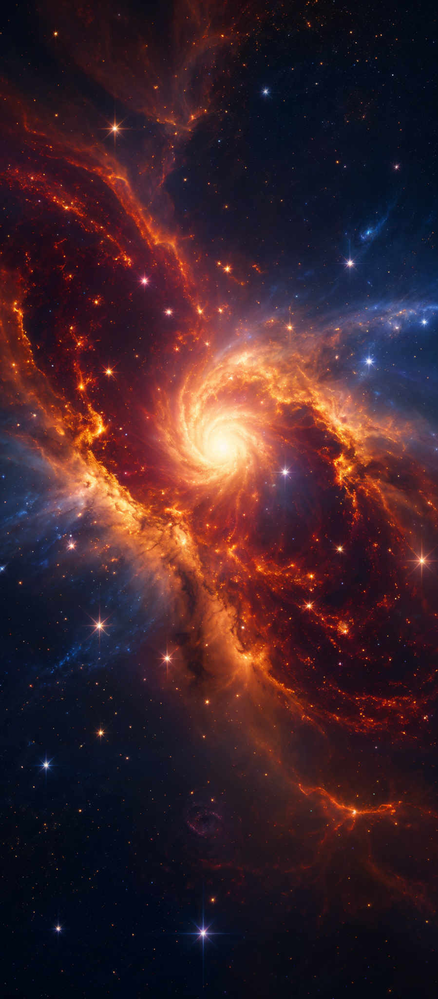 The image showcases a breathtaking cosmic scene. Dominating the center is a radiant star, surrounded by swirling patterns of fiery orange and deep red gases. These gases appear to be in motion, creating a dynamic and mesmerizing effect. Surrounding the star are smaller celestial bodies, possibly stars or planets, scattered throughout the space. The background is a deep blue, representing the vastness of space, punctuated with bright white dots, which could be distant stars.