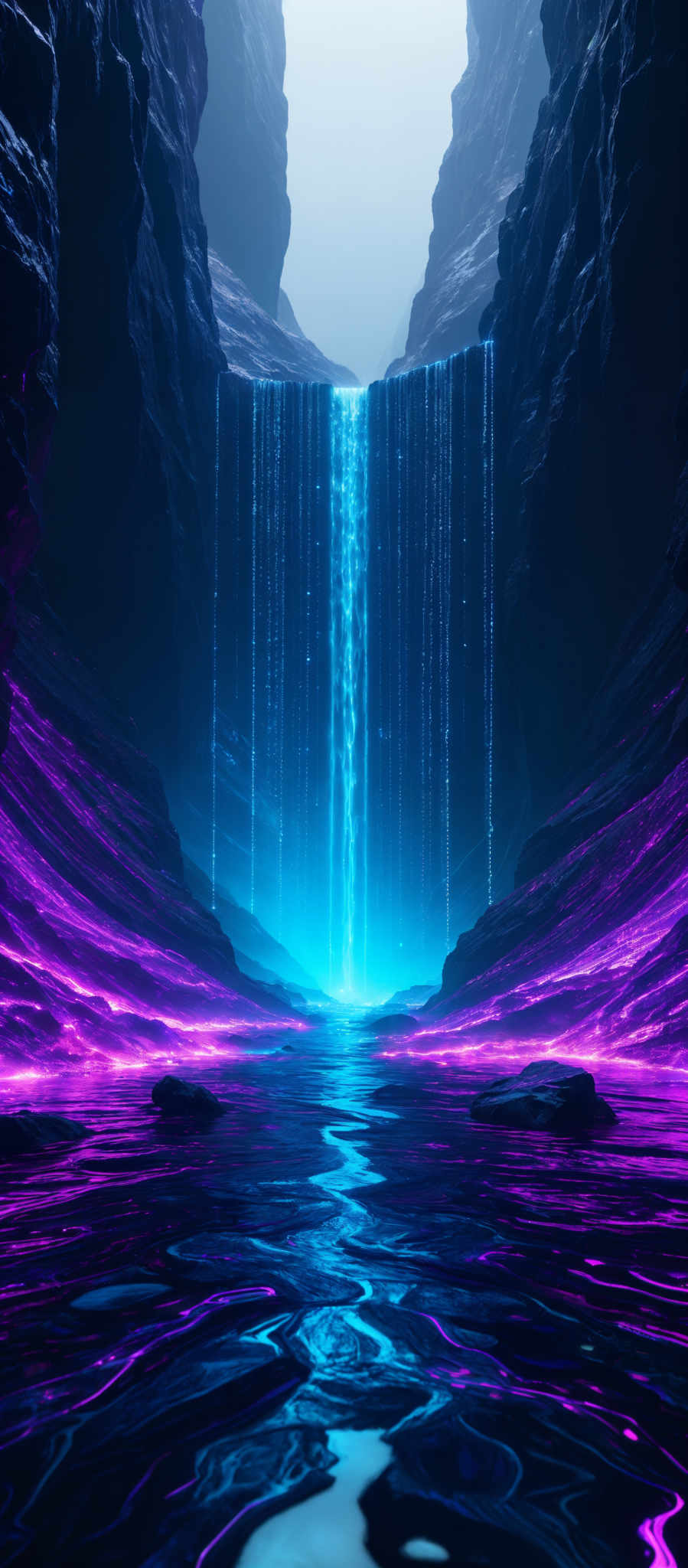 The image showcases a mesmerizing scene of a waterfall cascading down from a high cliff. The waterfall is illuminated with a vibrant blue light, giving it a surreal and ethereal appearance. The surrounding area is enveloped in deep shadows, with jagged rock formations on both sides. Below the waterfall, there's a serene body of water reflecting the blue light and the surrounding landscape. The waters have a swirling pattern, possibly due to the flow of the water or some other mystical force. The overall color palette consists of deep blues, purples, and hints of white, creating a dreamlike atmosphere.