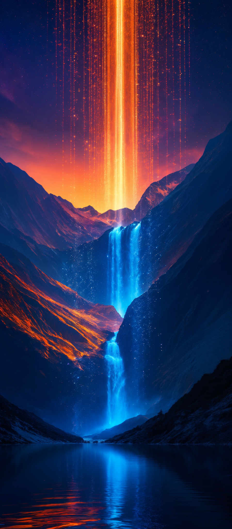 The image showcases a breathtaking landscape with a cascading waterfall surrounded by rugged mountains. Above the waterfall, there's a vertical beam of light that emanates a radiant orange glow, contrasting with the deep purple and blue hues of the sky. The mountains have a mix of dark shades, suggesting shadows, and some areas are illuminated with a fiery orange, possibly due to the light beam. The waterfall flows into a serene body of water below, which reflects the colors of the scene.