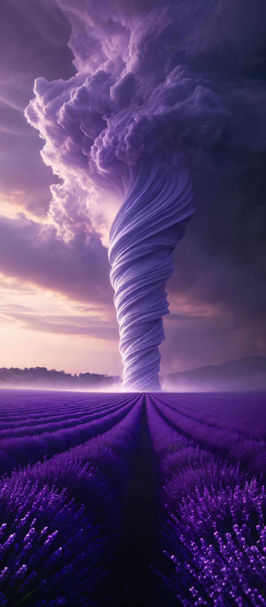 The image showcases a mesmerizing scene of a swirling vortex or tornado amidst a vast lavender field. The vortex is characterized by its spiraling formation, with layers of dark and light clouds intertwined. The lavender fields stretch out in neat rows, with the lavender plants displaying vibrant shades of purple. The sky above is painted with hues of purples, pinks, and oranges, suggesting either a sunrise or sunset. The overall ambiance of the image is both surreal and captivating.