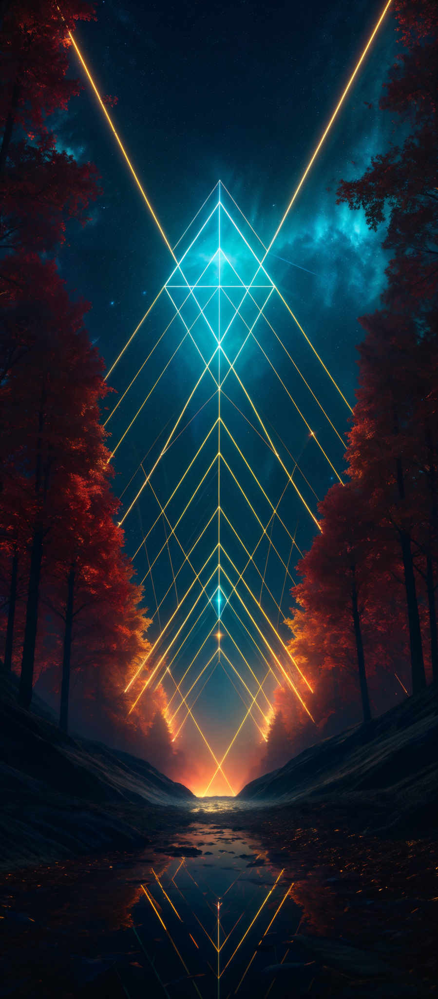 The image showcases a vibrant and surreal scene. The dominant colors are deep blues, fiery reds, and golden yellows. The shape is geometric, with a series of interconnected triangles forming a symmetrical pattern against a starry night sky. The triangles are illuminated, creating a glowing effect. The scene is set in a forest with tall trees on either side, their leaves exhibiting a fiery autumn hue. The ground is wet, reflecting the trees and the glow from the triangles, creating an ethereal mirror effect.