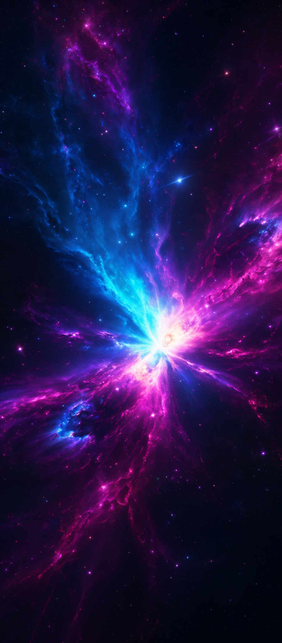 The image showcases a vibrant and mesmerizing cosmic scene. It predominantly features hues of purple, blue, and pink, creating an ethereal glow. The central part of the image is dominated by a bright, radiant burst of light, possibly representing a star or a supernova. Surrounding this burst are intricate patterns of nebulae, which are vast clouds of gas and dust in space. These nebular structures are shaped like tendrils and wisps, flowing and intertwining with one another. The vastness of space is also depicted with numerous distant stars scattered throughout the background.