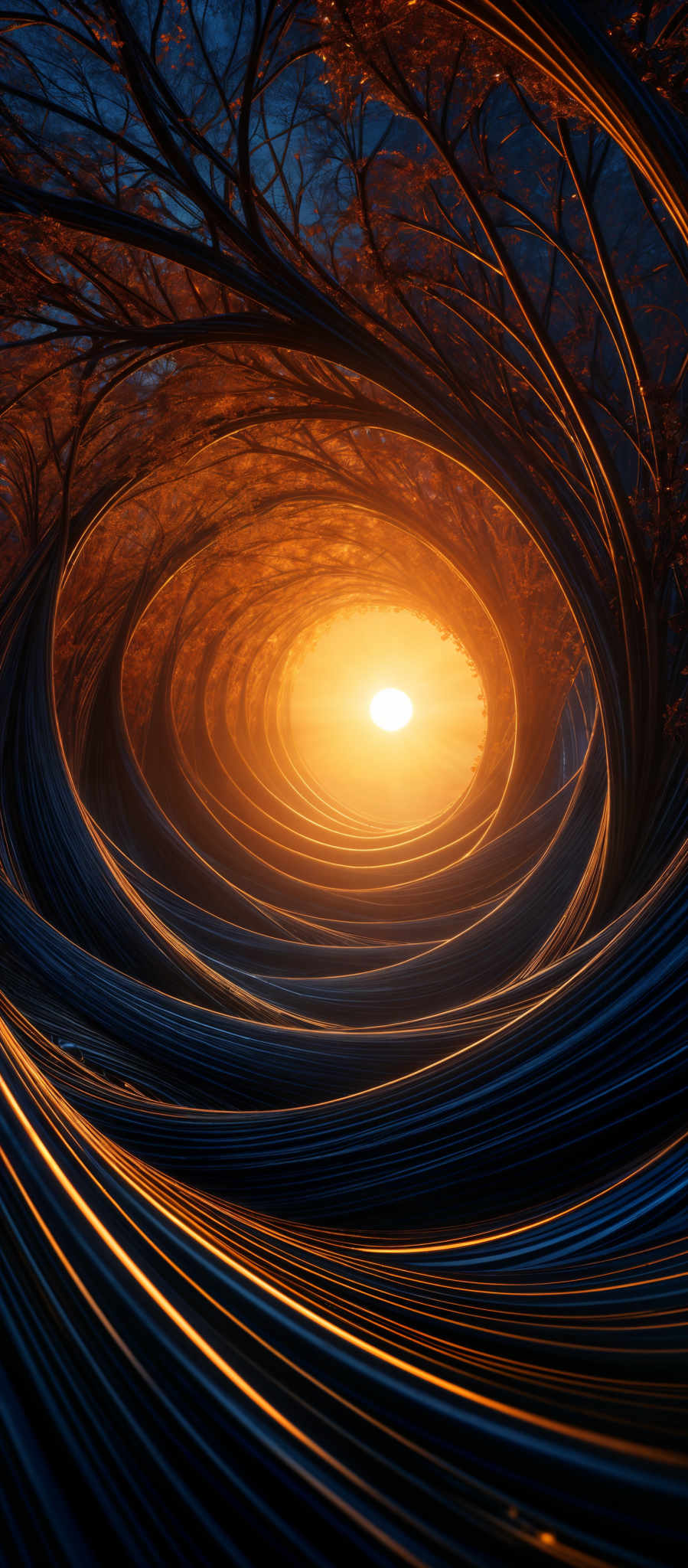 The image showcases a captivating scene of intertwined tree branches that spiral and twist to form a tunnel-like structure. The branches are dark, almost black, contrasting beautifully with the golden-orange hue of the sunlight that filters through the center of the tunnel. The sun itself is a bright, glowing orb, casting a warm glow throughout the scene. The ground appears to be covered with a layer of leaves or some other organic material, adding to the depth and texture of the image, creating a sense of movement and fluidity.