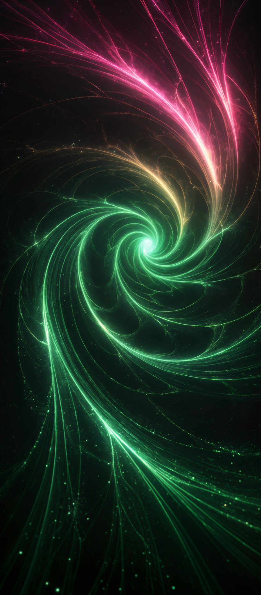 The image showcases a vibrant and dynamic swirl of colors. At the center, there's a bright white light emanating, surrounded by swirling patterns of pink, green, and gold. These swirls seem to be made of luminescent strands that radiate outwards, creating an almost ethereal and mesmerizing effect. The background is dark, which accentuates the brightness and vibrancy of the colors in the swirls.