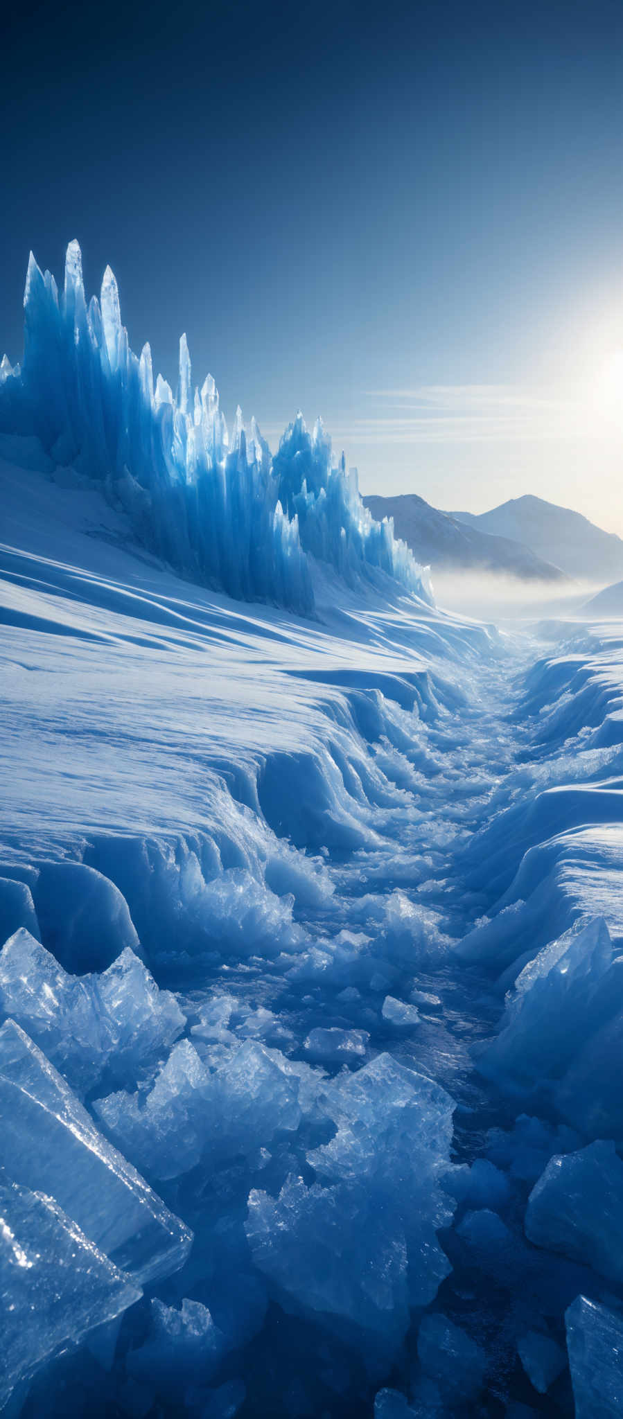 The image showcases a breathtaking icy landscape. The dominant colors are various shades of blue, ranging from deep navy to light sky blue. The icy formations are tall and jagged, resembling frozen spikes or towers. They are predominantly blue, with some areas reflecting the sunlight, making them appear brighter. The foreground features a winding pathway made of ice, with pieces of broken ice scattered around. The background reveals a serene snowy landscape with distant mountains and a clear sky.